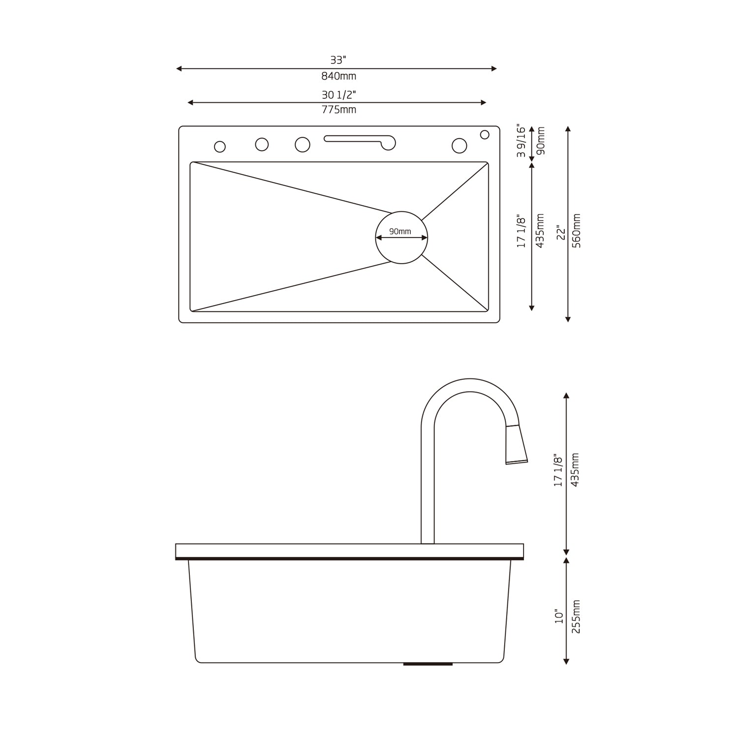 Lefton 33x22 Inch Stainless Steel Single Bowl Large Kitchen Sink with Digital Temperature Display & LED Lighting-KS2206L