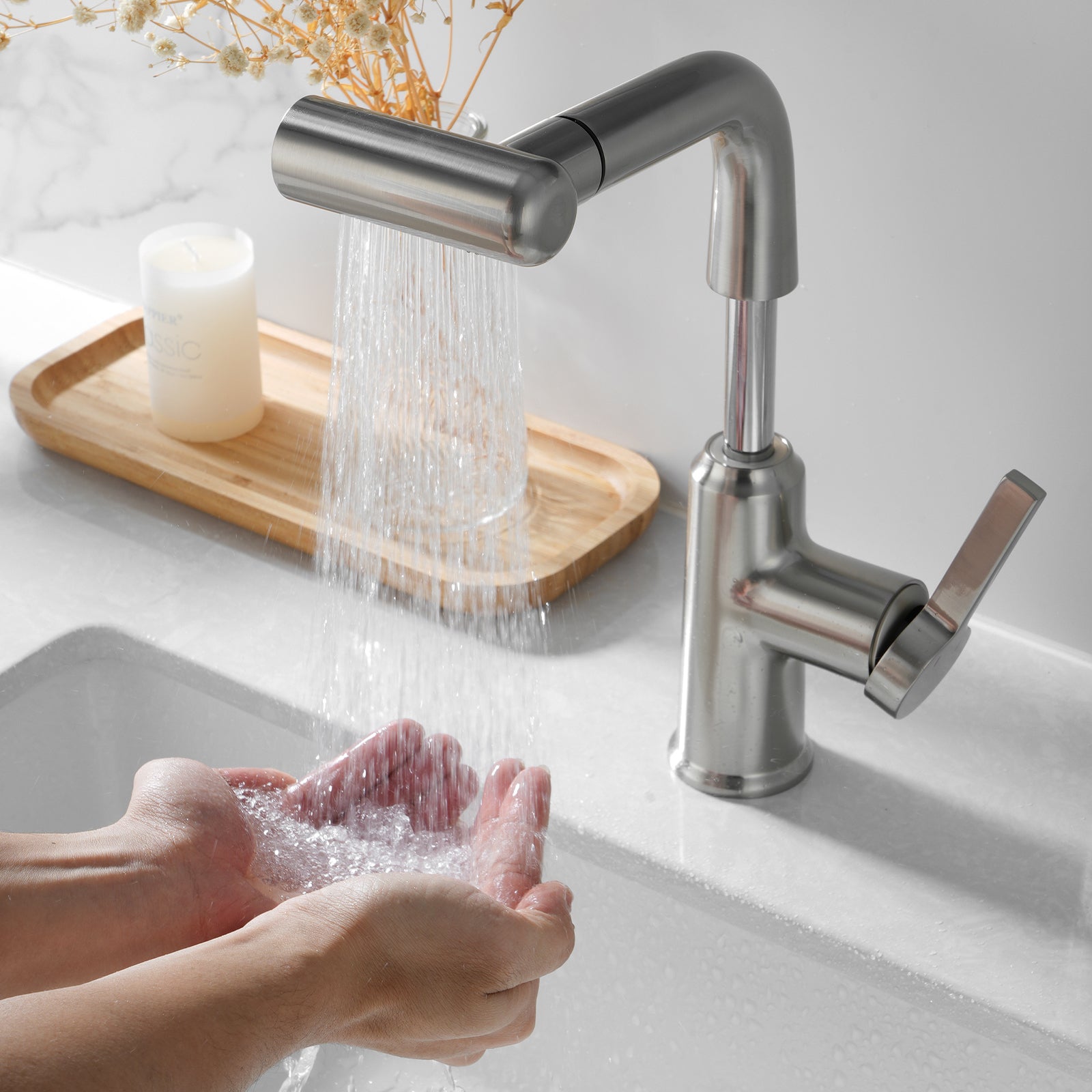 Lefton Single - Hole Waterfall & Pull - Out Liftable Bathroom Faucet - BF2209 - Bathroom Faucets - Lefton Home