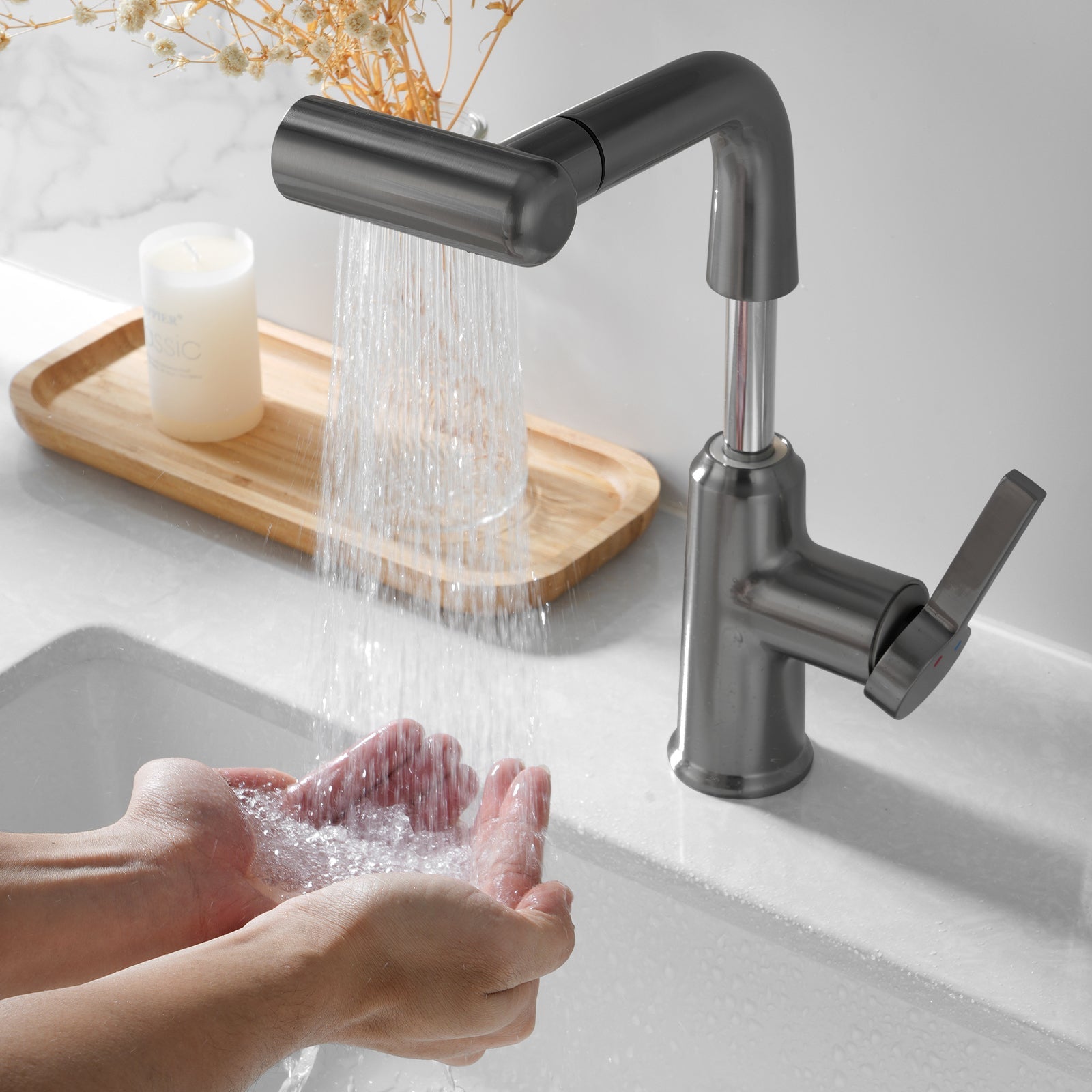 Lefton Single - Hole Waterfall & Pull - Out Liftable Bathroom Faucet - BF2209 - Bathroom Faucets - Lefton Home