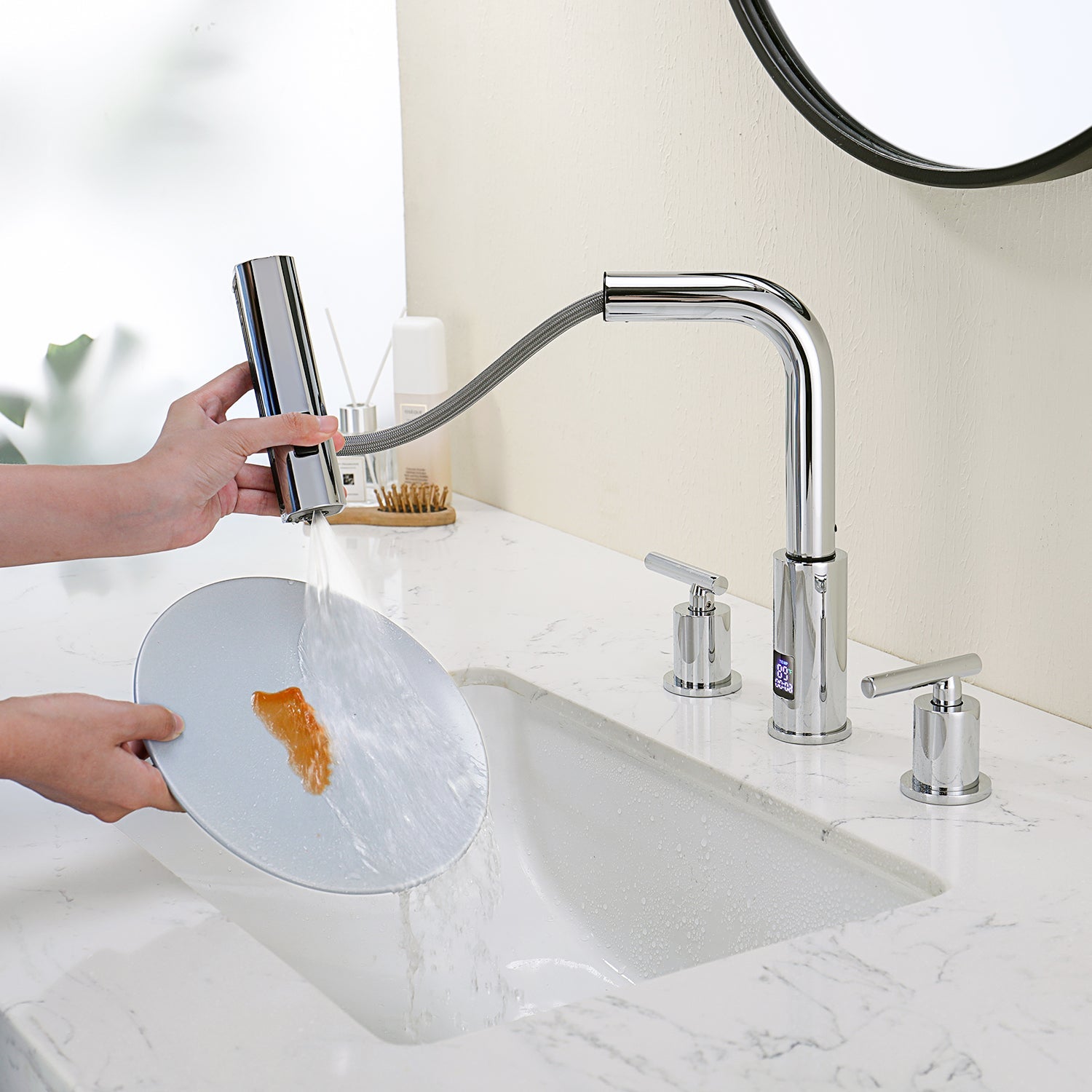 Lefton Two - Handle Widespread Waterfall & Pull - Out Bathroom Faucet with Temperature Display - BFWS2401 - Bathroom Faucets - Lefton Home