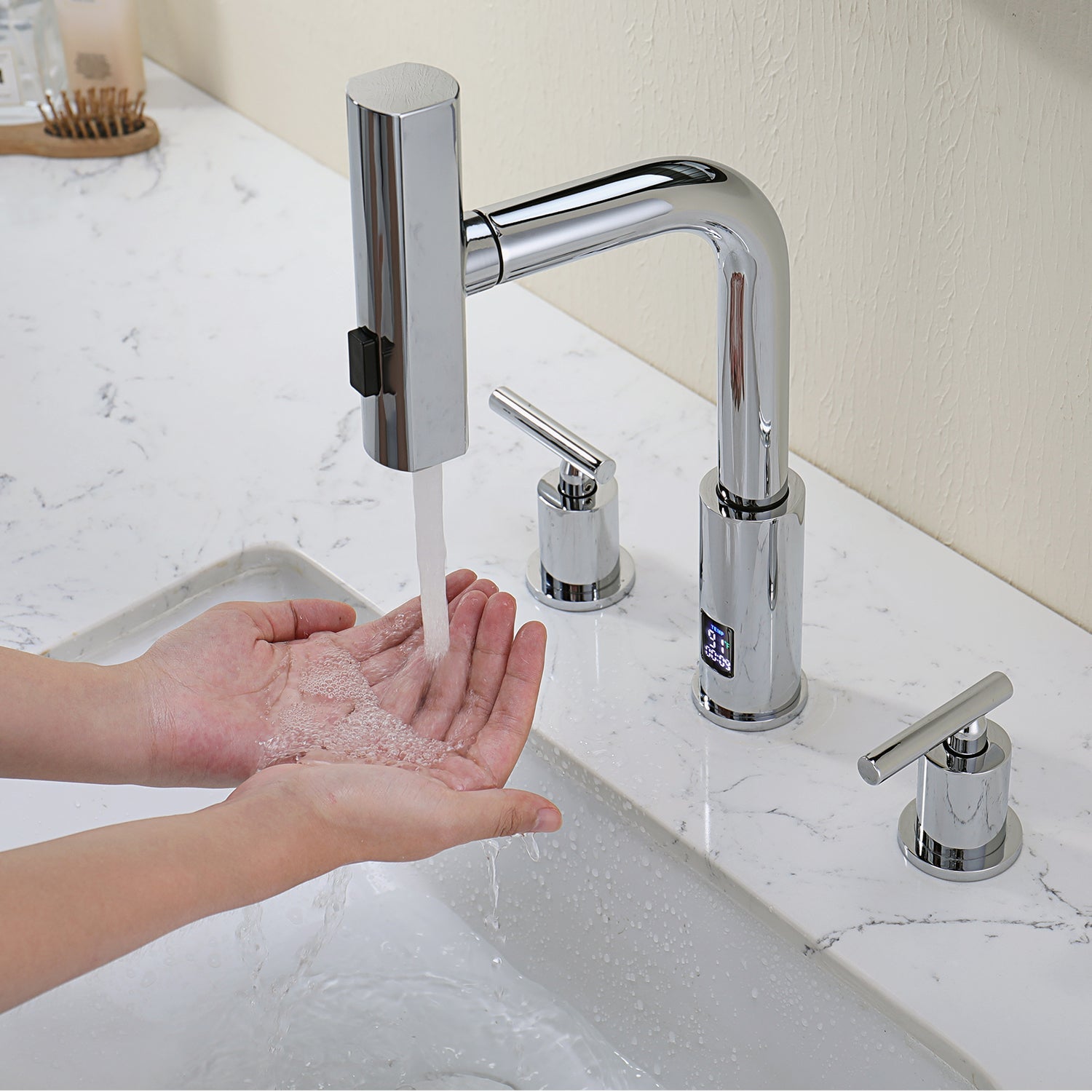 Lefton Two - Handle Widespread Waterfall & Pull - Out Bathroom Faucet with Temperature Display - BFWS2401