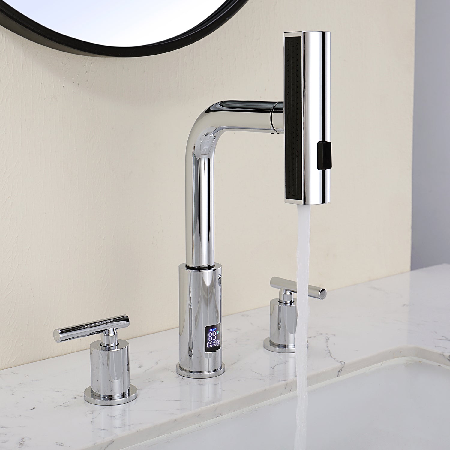 Lefton Two - Handle Widespread Waterfall & Pull - Out Bathroom Faucet with Temperature Display - BFWS2401