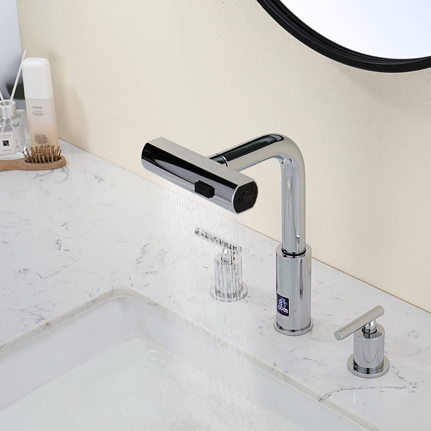 Lefton Two - Handle Widespread Waterfall & Pull - Out Bathroom Faucet with Temperature Display - BFWS2401 - Bathroom Faucets - Lefton Home