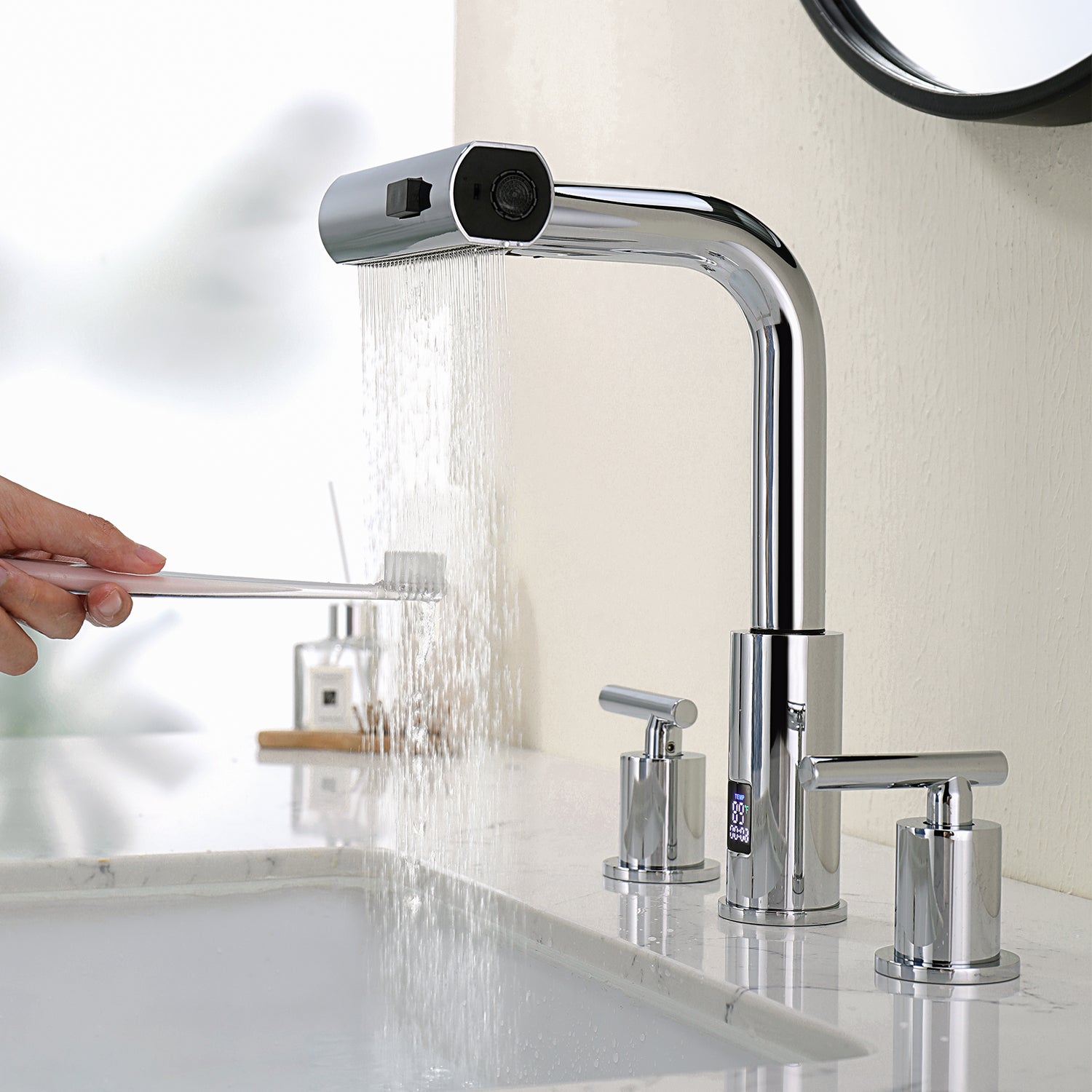 Lefton Two - Handle Widespread Waterfall & Pull - Out Bathroom Faucet with Temperature Display - BFWS2401