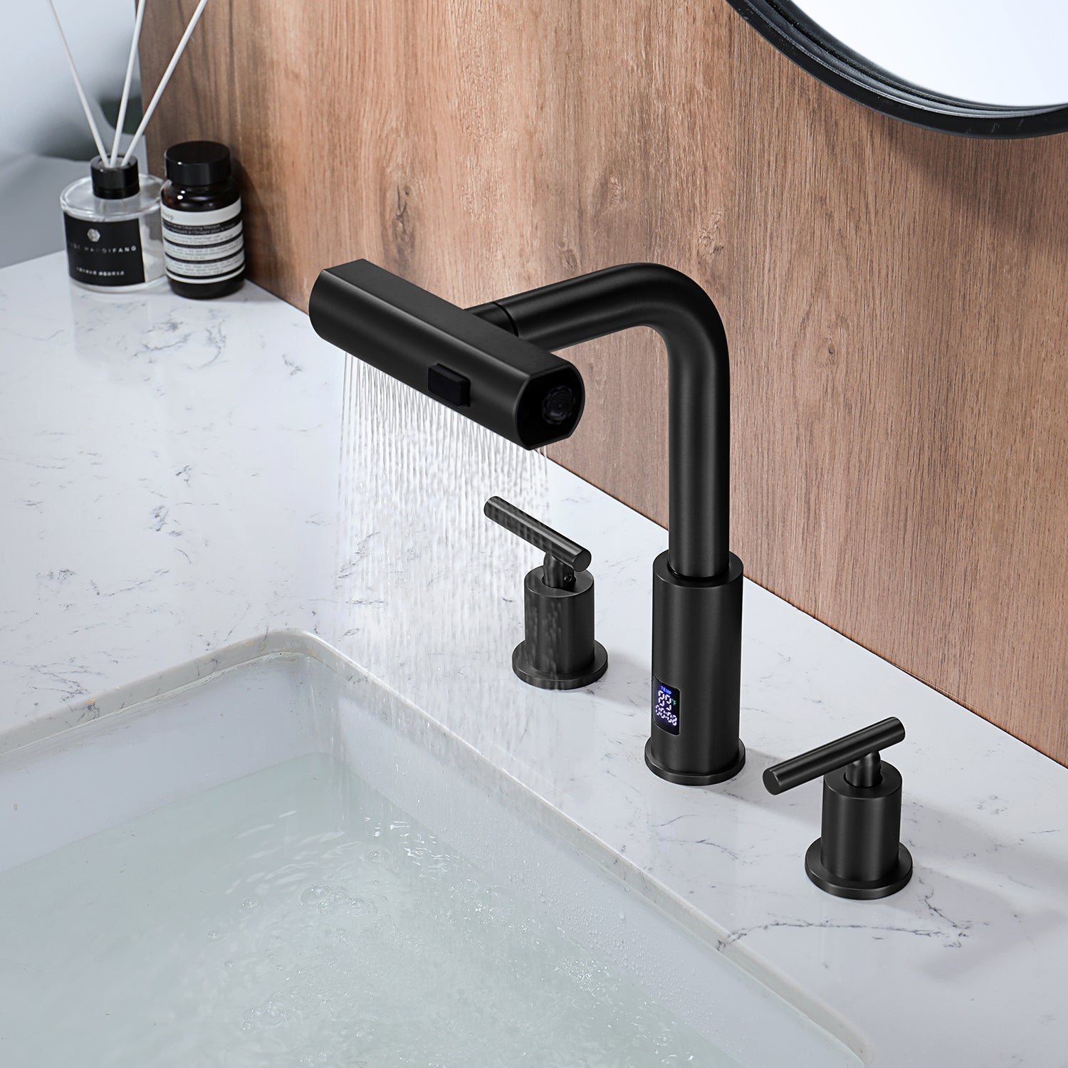 Lefton Two - Handle Widespread Waterfall & Pull - Out Bathroom Faucet with Temperature Display - BFWS2401