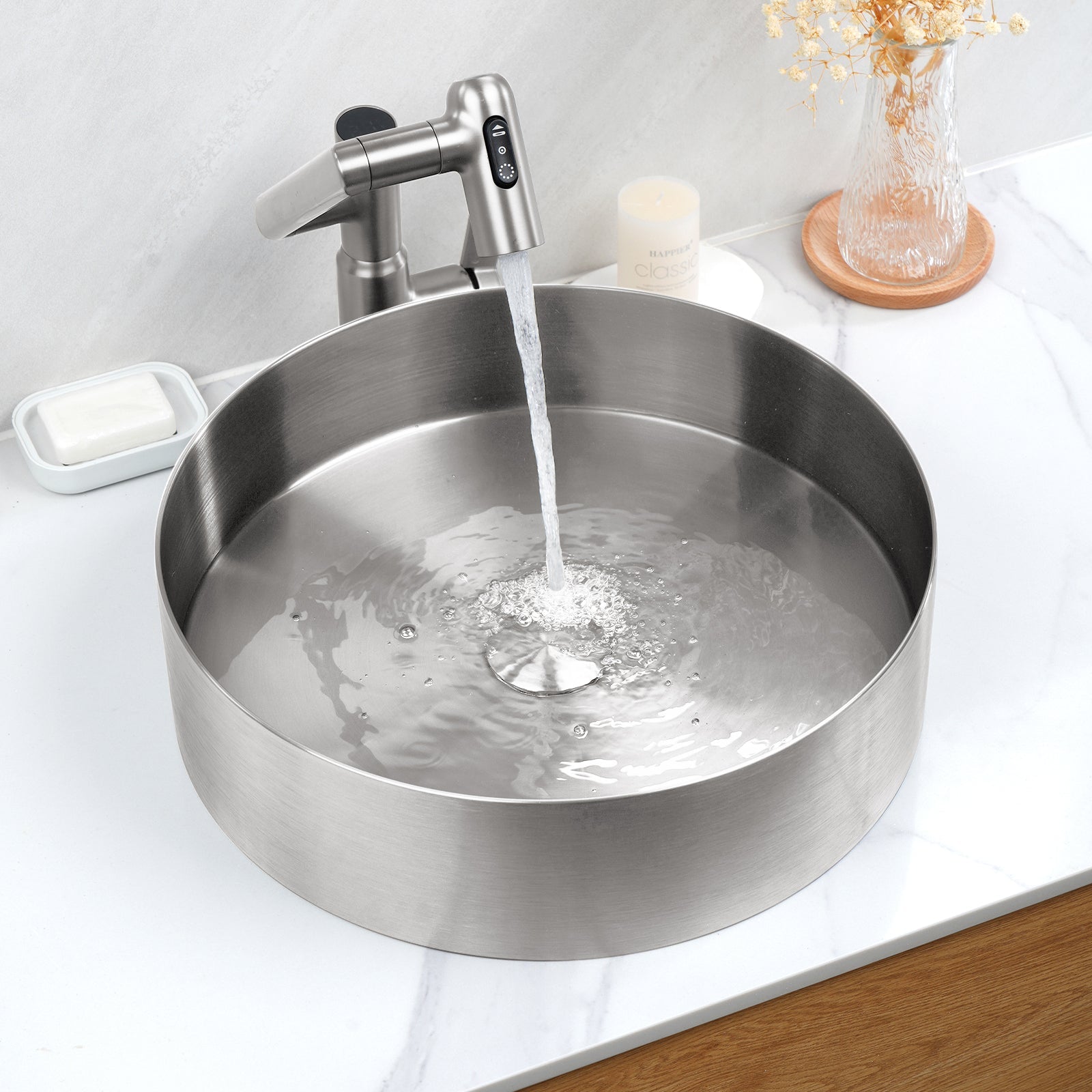 Lefton Stainless Steel Round Countertop Bathroom Vessel Sink with Pop - Up Drain Stopper - BVS2401 - Bathroom Sinks - Lefton Home