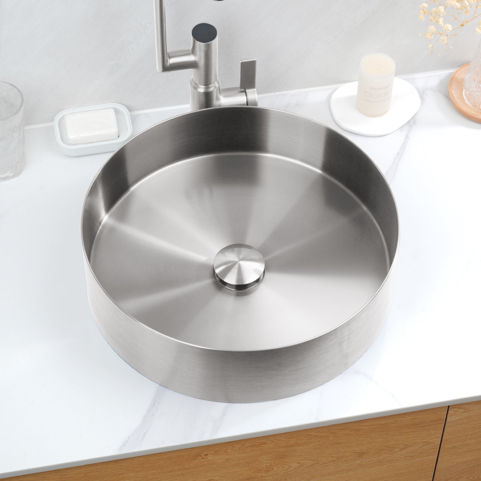 Lefton Stainless Steel Round Countertop Bathroom Vessel Sink with Pop - Up Drain Stopper - BVS2401 - Bathroom Sinks - Lefton Home