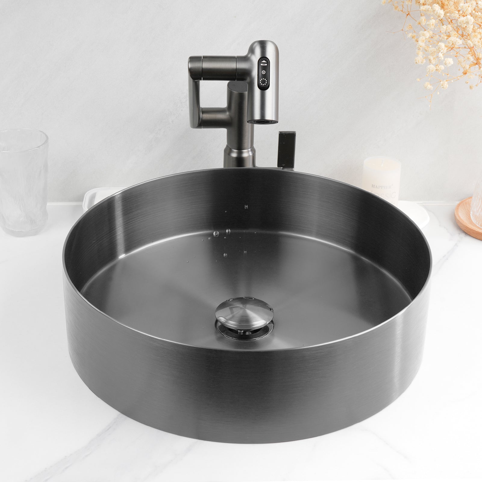 Lefton Stainless Steel Round Countertop Bathroom Vessel Sink with Pop - Up Drain Stopper - BVS2401 - Bathroom Sinks - Lefton Home