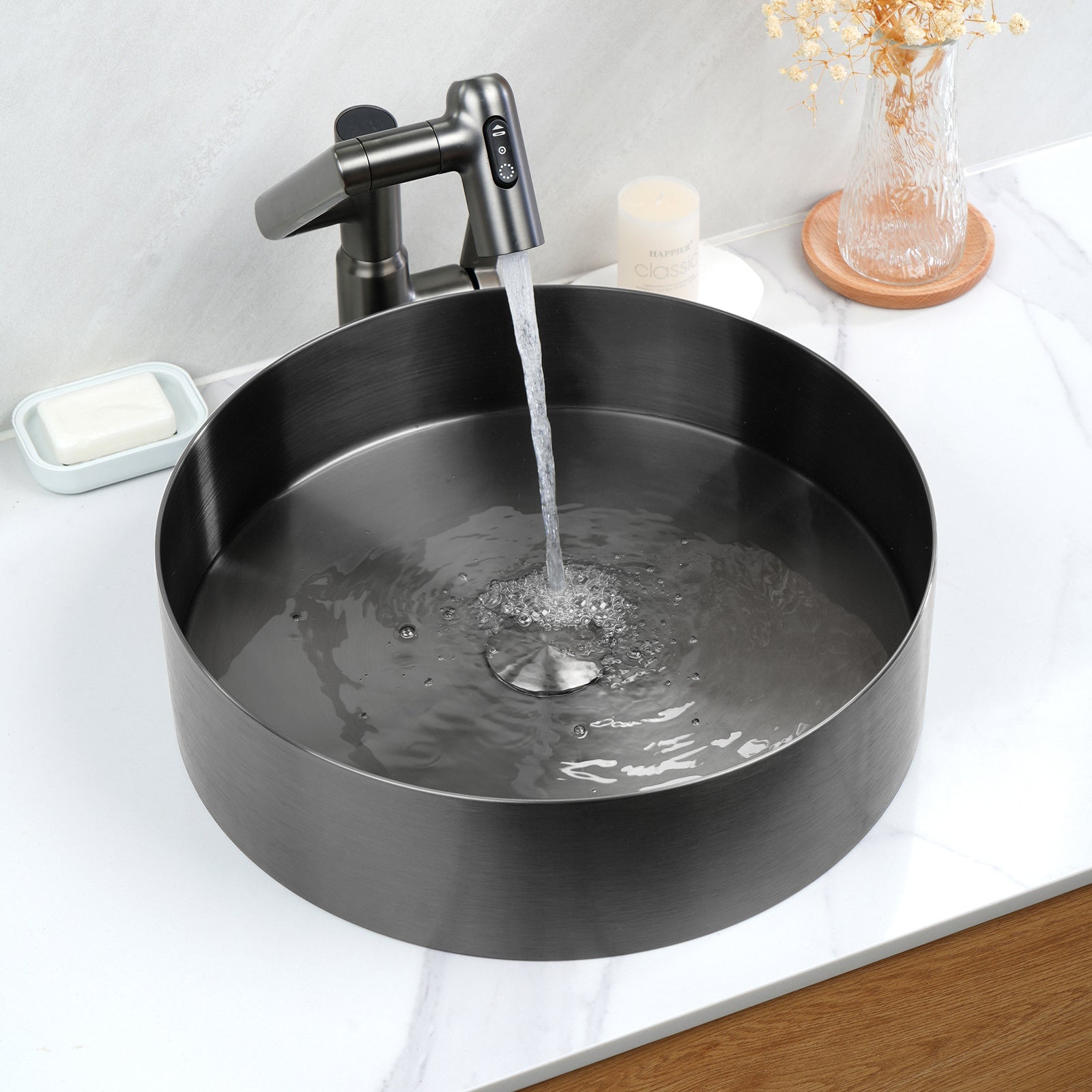 Lefton Stainless Steel Round Countertop Bathroom Vessel Sink with Pop - Up Drain Stopper - BVS2401 - Bathroom Sinks - Lefton Home