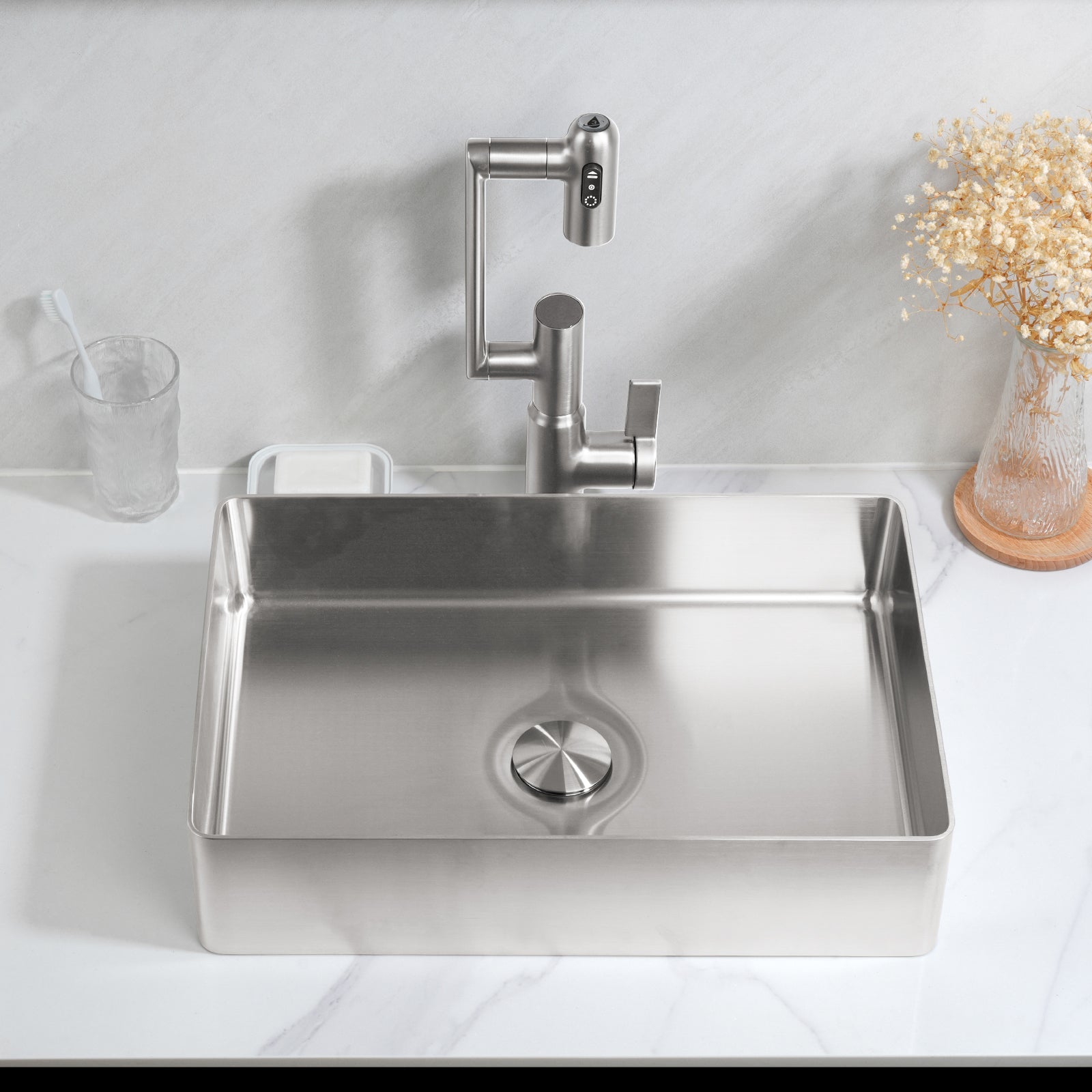 Lefton Stainless Steel Rectangular Above Counter Bathroom Vessel Sink with Pop - Up Drain Stopper - BVS2402 - Bathroom Sinks - Lefton Home