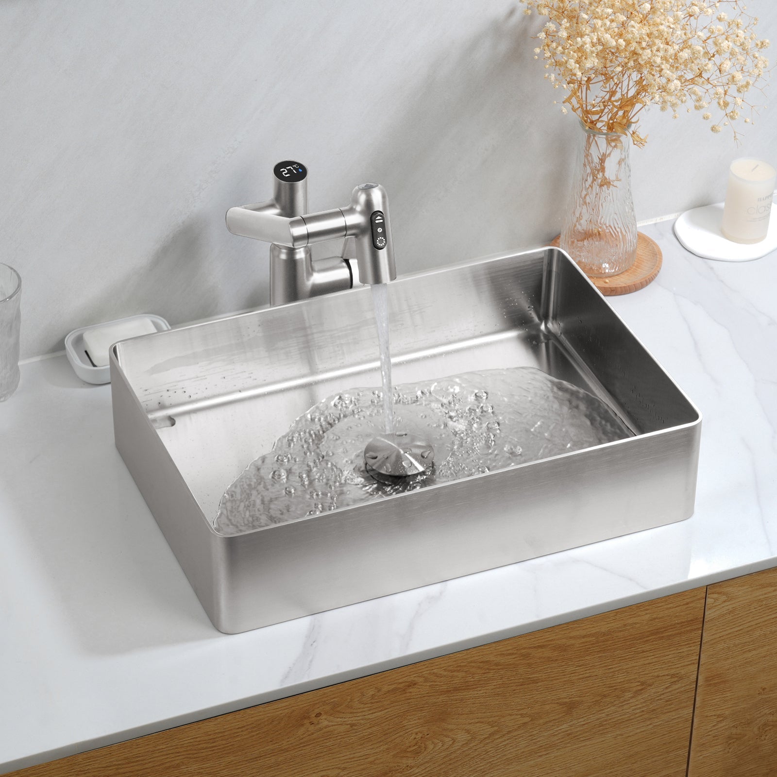 Lefton Stainless Steel Rectangular Above Counter Bathroom Vessel Sink with Pop - Up Drain Stopper - BVS2402 - Bathroom Sinks - Lefton Home