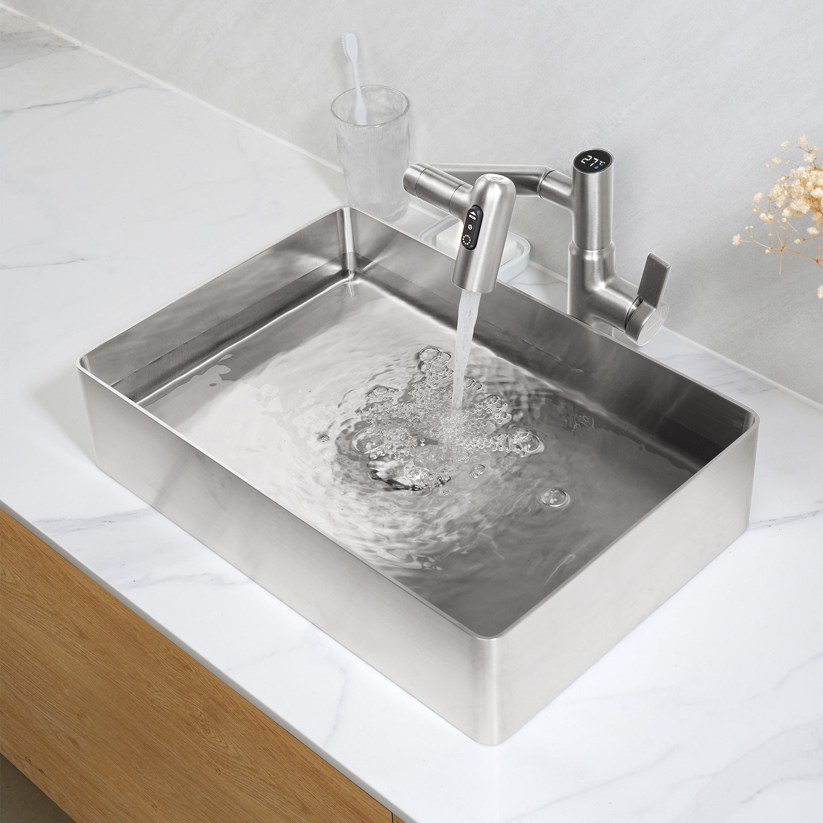 Lefton Stainless Steel Rectangular Above Counter Bathroom Vessel Sink with Pop - Up Drain Stopper - BVS2402 - Bathroom Sinks - Lefton Home