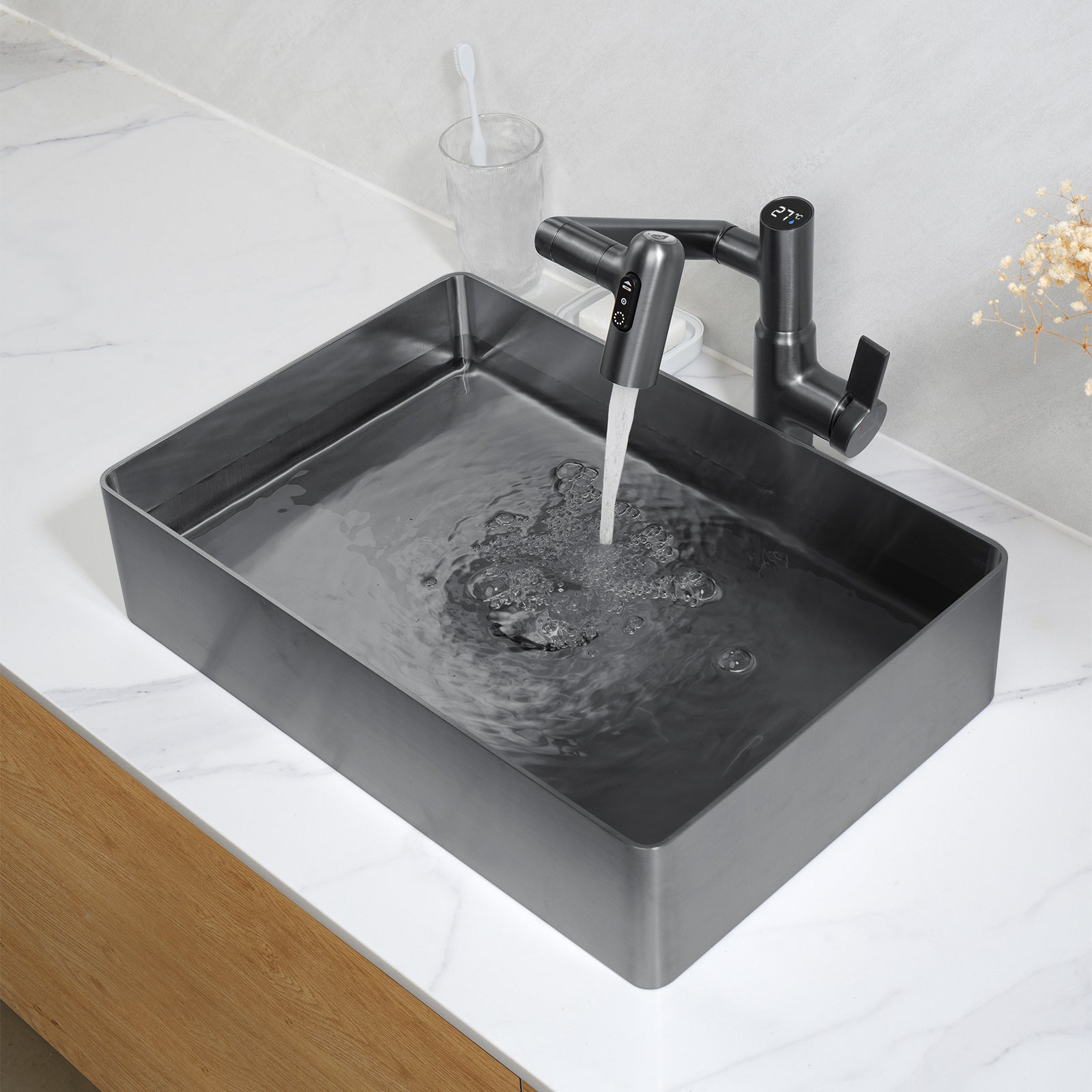 Lefton Stainless Steel Rectangular Above Counter Bathroom Vessel Sink with Pop - Up Drain Stopper - BVS2402 - Bathroom Sinks - Lefton Home