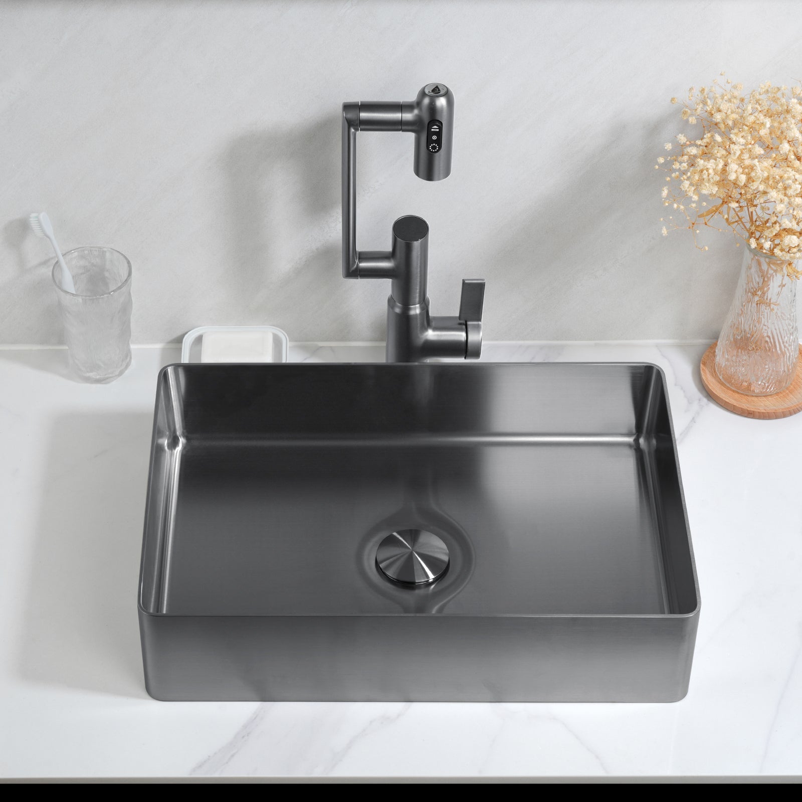 Lefton Stainless Steel Rectangular Above Counter Bathroom Vessel Sink with Pop - Up Drain Stopper - BVS2402 - Bathroom Sinks - Lefton Home