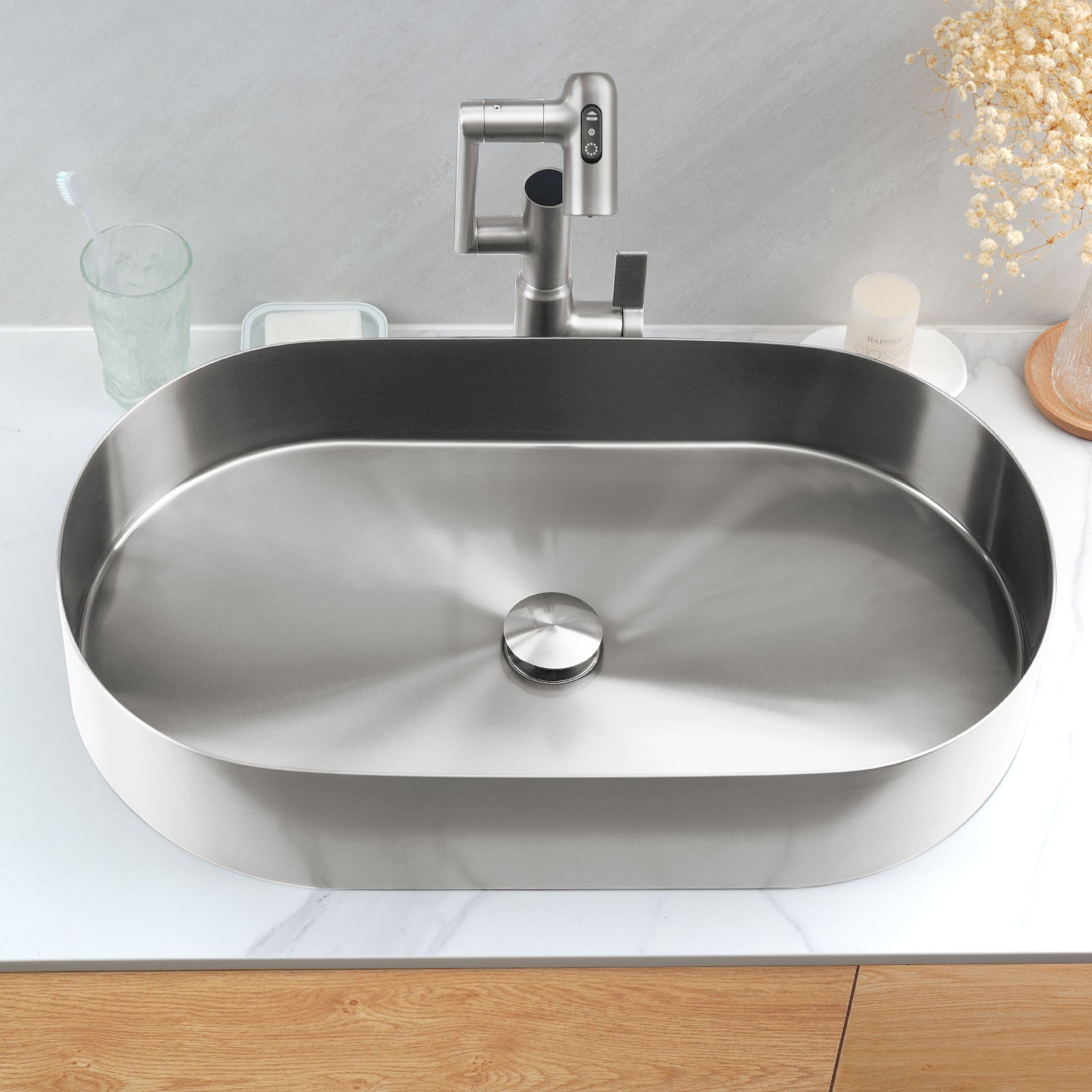 Lefton Modern Stainless Steel Oval Above Counter Bathroom Vessel Sink with Pop - Up Drain Stopper - BVS2403 - Bathroom Sinks - Lefton Home