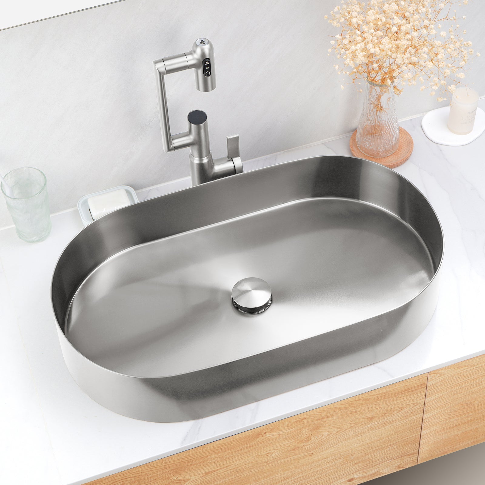 Lefton Modern Stainless Steel Oval Above Counter Bathroom Vessel Sink with Pop - Up Drain Stopper - BVS2403 - Bathroom Sinks - Lefton Home