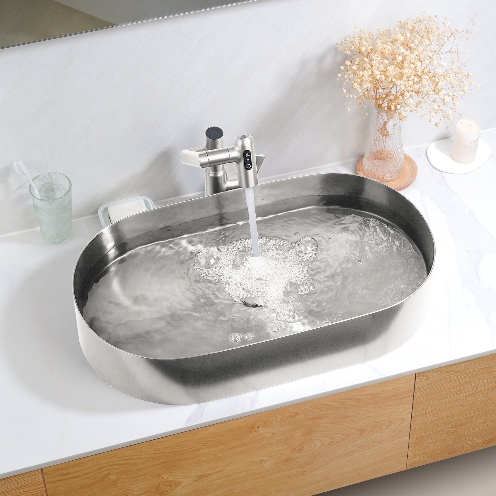 Lefton Modern Stainless Steel Oval Above Counter Bathroom Vessel Sink with Pop - Up Drain Stopper - BVS2403 - Bathroom Sinks - Lefton Home