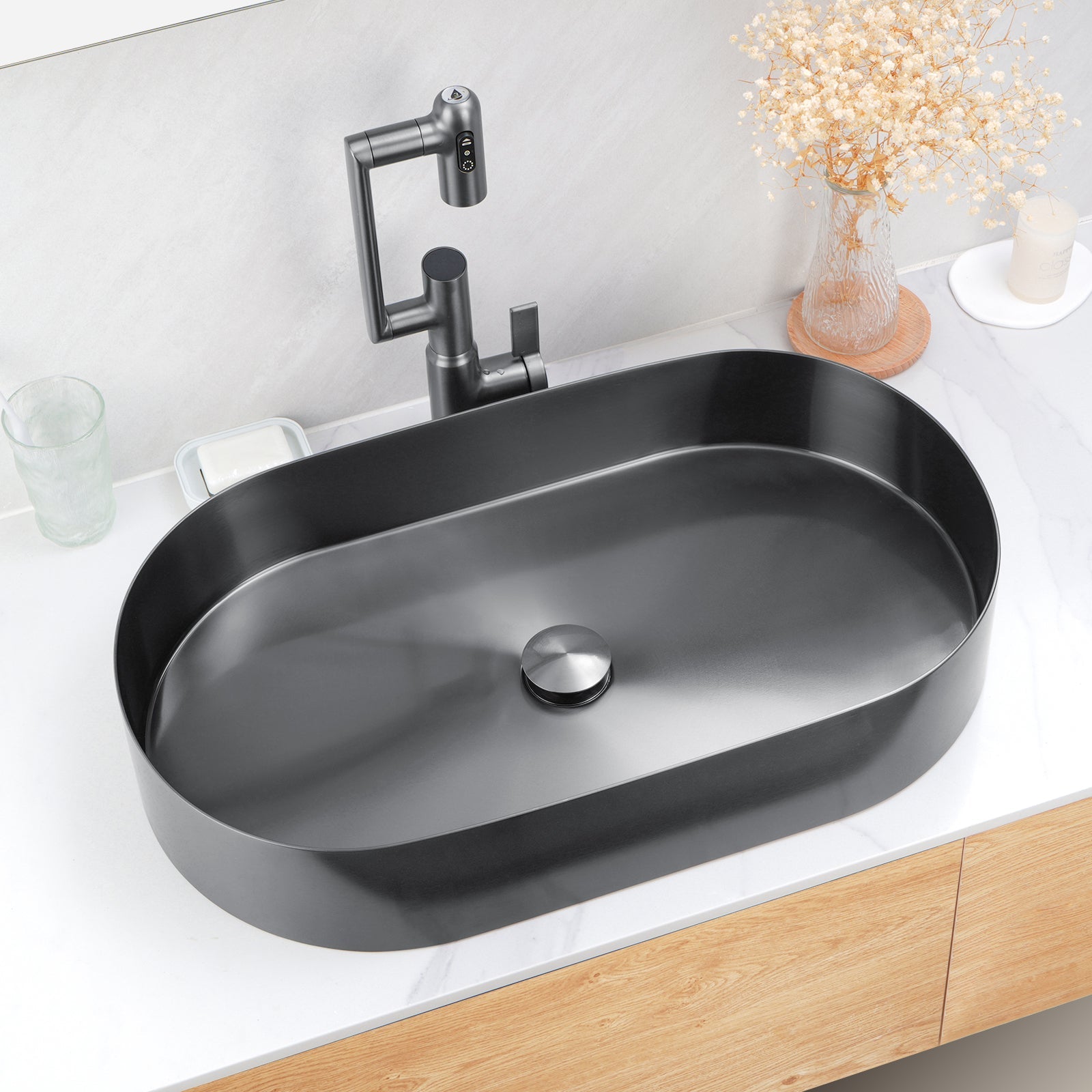 Lefton Modern Stainless Steel Oval Above Counter Bathroom Vessel Sink with Pop - Up Drain Stopper - BVS2403 - Bathroom Sinks - Lefton Home