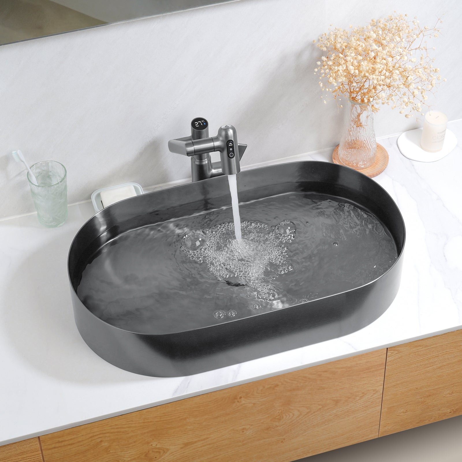 Lefton Modern Stainless Steel Oval Above Counter Bathroom Vessel Sink with Pop - Up Drain Stopper - BVS2403 - Bathroom Sinks - Lefton Home