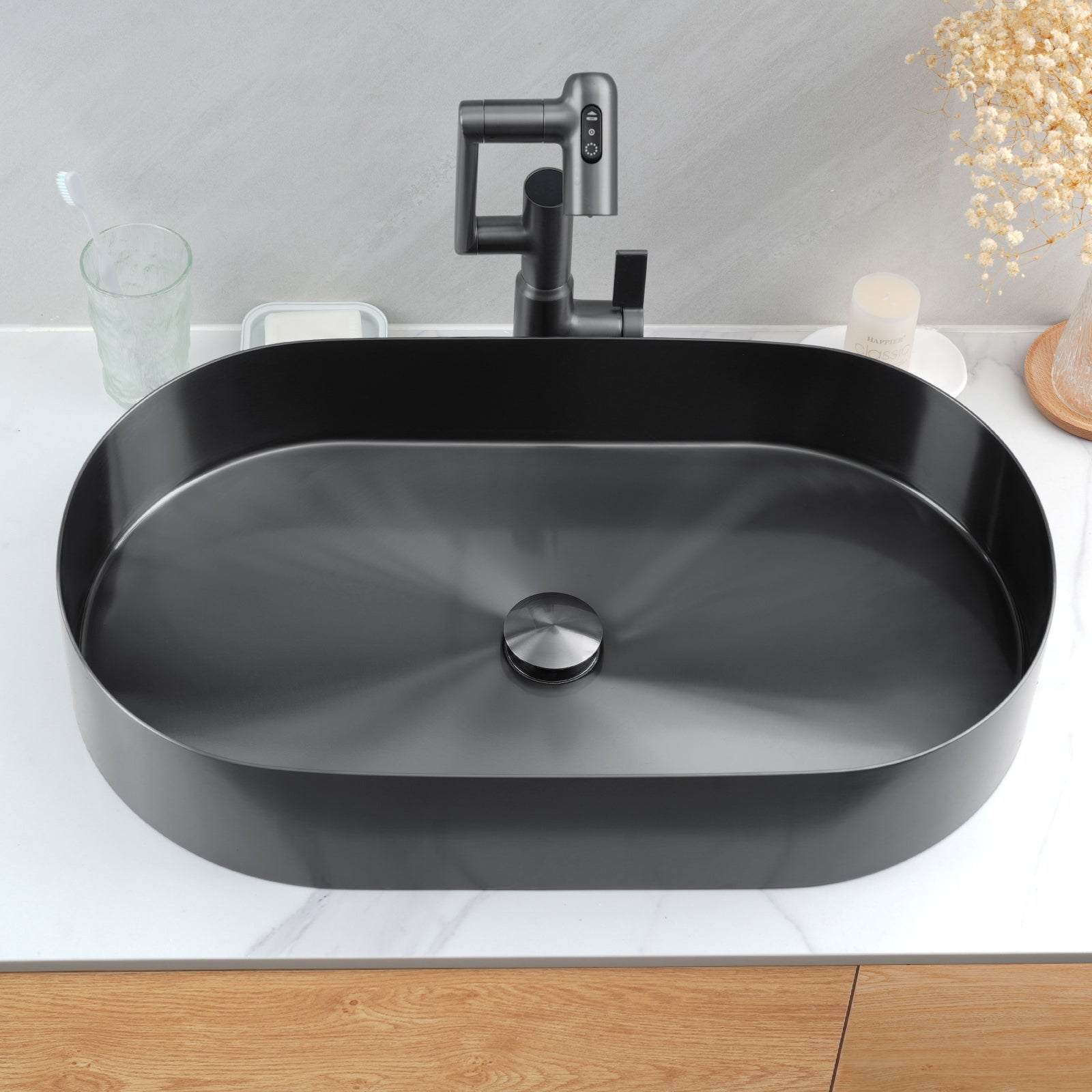 Lefton Modern Stainless Steel Oval Above Counter Bathroom Vessel Sink with Pop - Up Drain Stopper - BVS2403 - Bathroom Sinks - Lefton Home