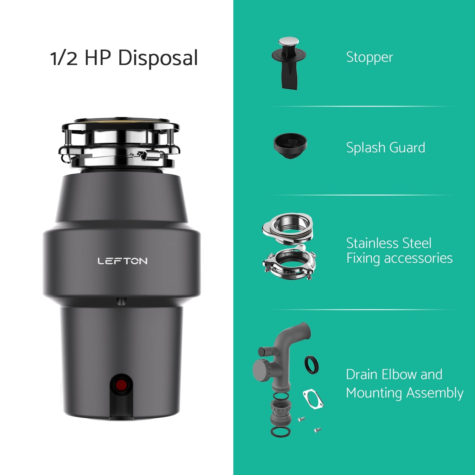 Lefton 1/2 HP Continuous Garbage Disposal with Power Cord - LGD - 513 - Kitchen Accessories - Lefton Home