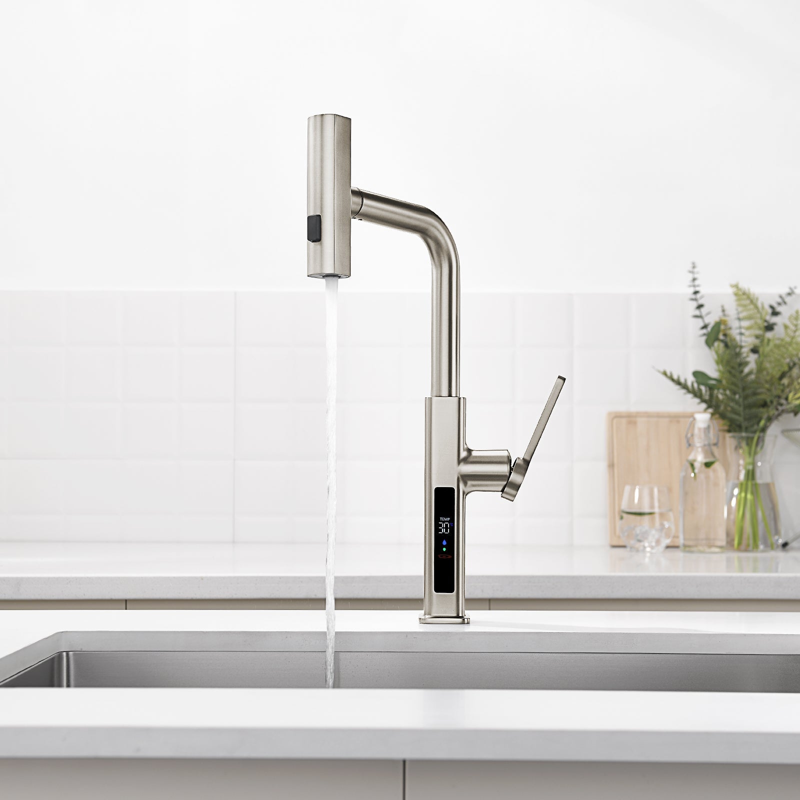 Lefton Waterfall & Pull - Out Kitchen Faucet with Temperature Display - KF2209 - Kitchen Faucets - Lefton Home