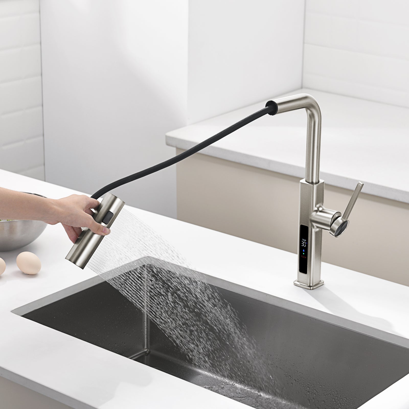 Lefton Waterfall & Pull - Out Kitchen Faucet with Temperature Display - KF2209 - Kitchen Faucets - Lefton Home