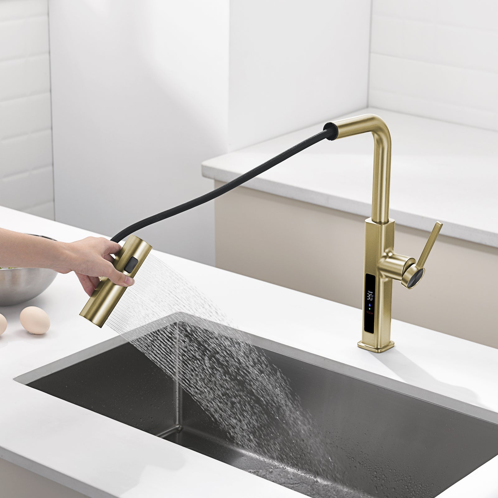 Lefton Waterfall & Pull-Out Kitchen Faucet with Temperature Display-KF2209 -Kitchen Faucets- Lefton Home