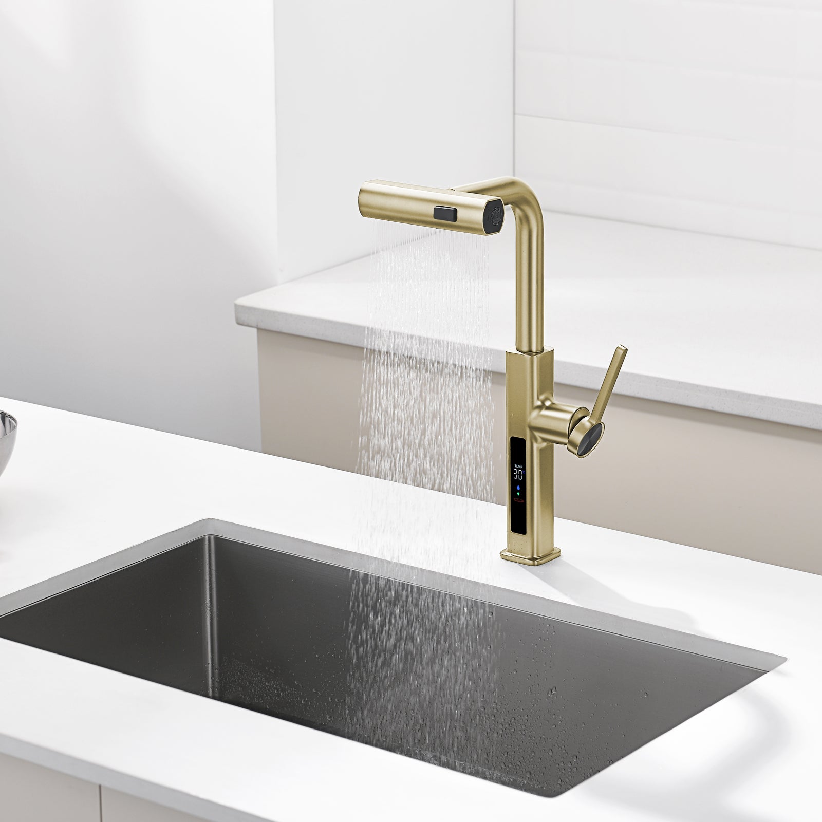 Lefton Waterfall & Pull-Out Kitchen Faucet with Temperature Display-KF2209 -Kitchen Faucets- Lefton Home