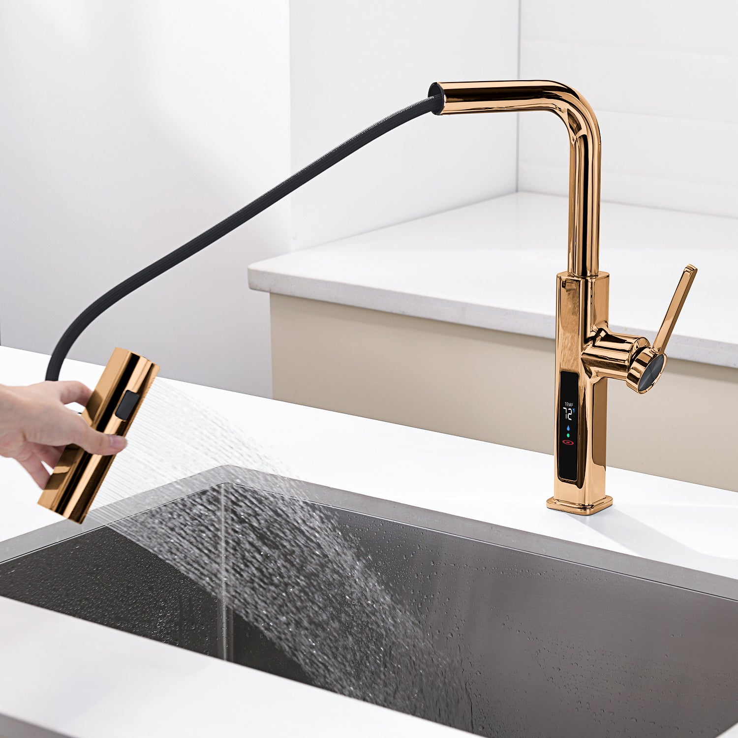 Lefton Waterfall & Pull - Out Kitchen Faucet with Temperature Display - KF2209 - Kitchen Faucets - Lefton Home