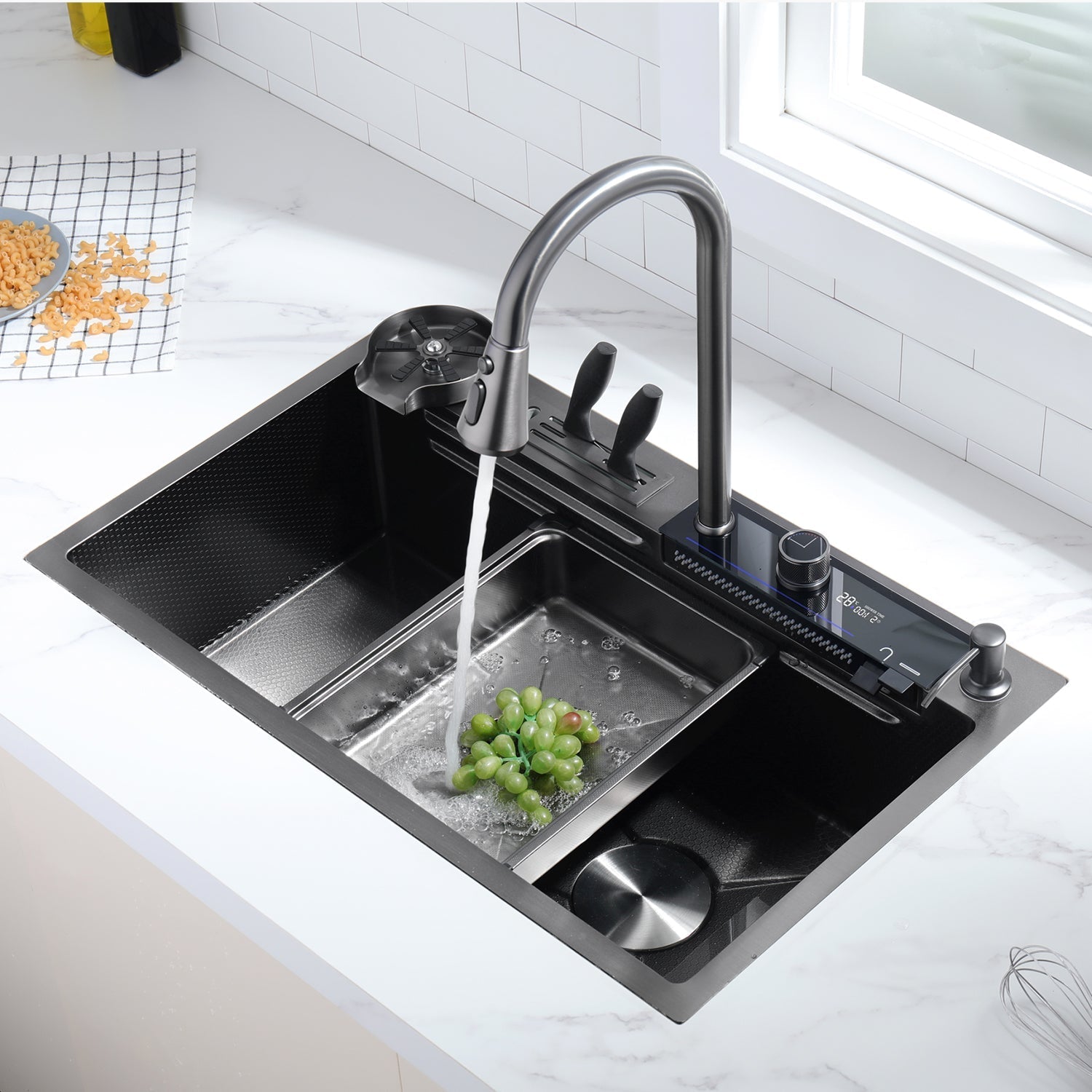 Lefton Waterfall Workstation Kitchen Sink Set Digital Temperature Display & LED Lighting - KS2205L - Kitchen Sinks - Lefton Home