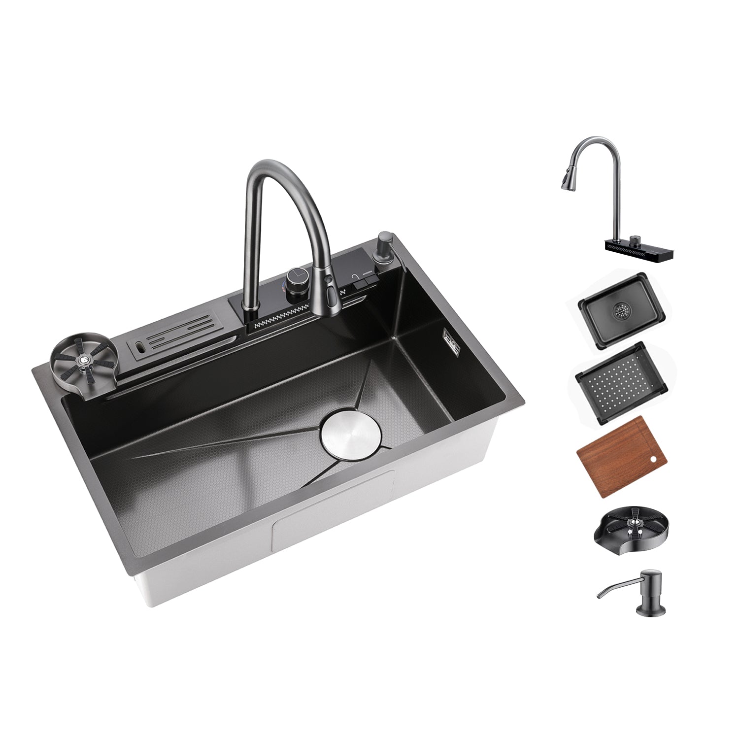 Lefton Waterfall Workstation Kitchen Sink Set Digital Temperature Display & LED Lighting - KS2205L - Kitchen Sinks - Lefton Home