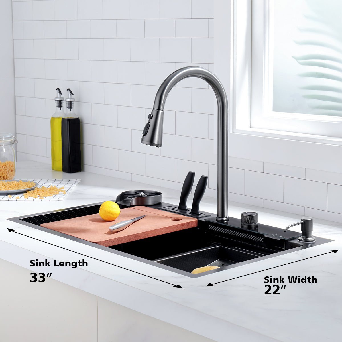 Lefton 33x22 Inch Waterfall Workstation Kitchen Sink Set Digital Temperature Display & LED Lighting - KS2205L - Kitchen Sinks - Lefton Home