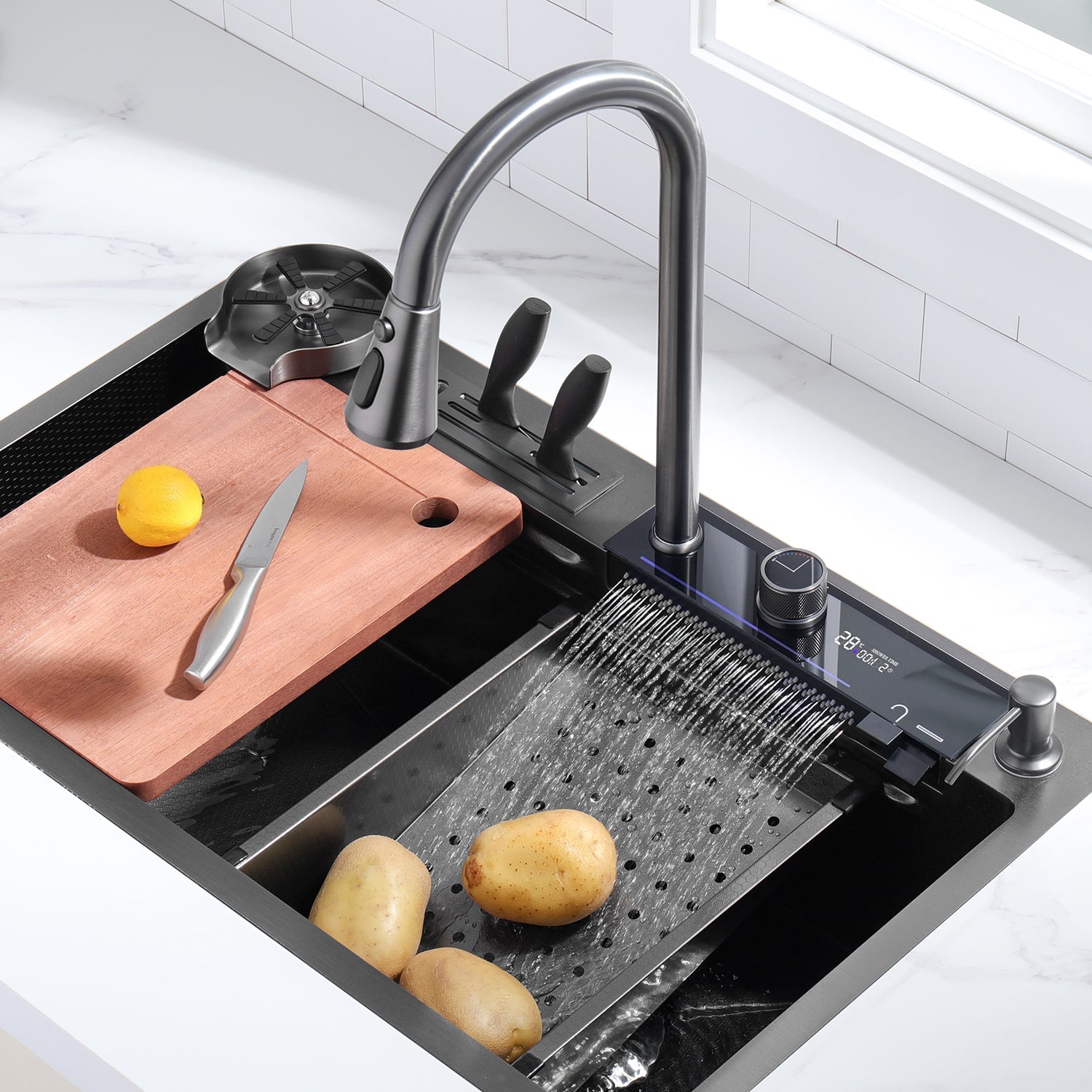 Lefton Waterfall Workstation Kitchen Sink Set Digital Temperature Display & LED Lighting - KS2205L - Kitchen Sinks - Lefton Home