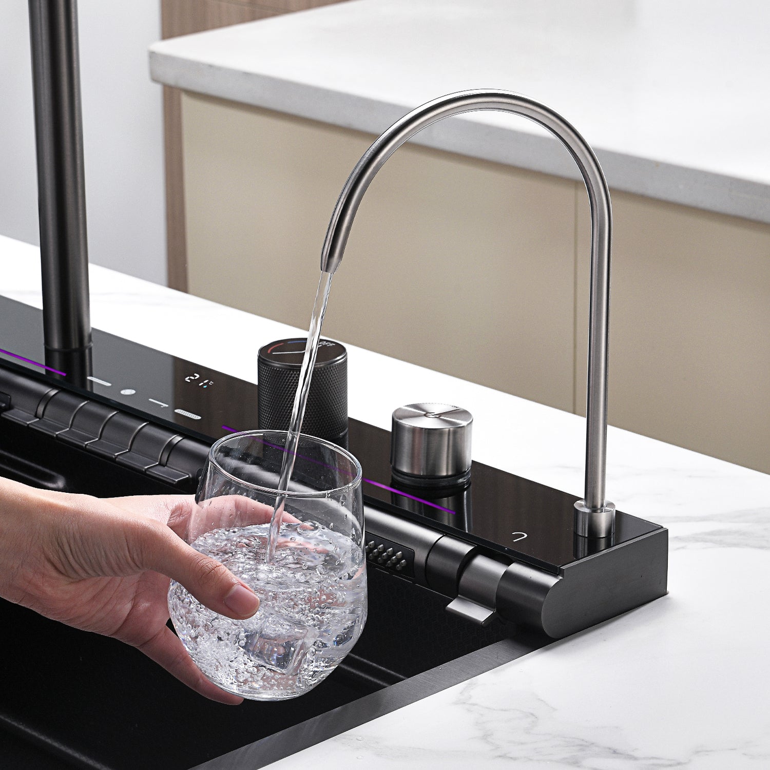 Lefton Adjustable Waterfall Faucet Kitchen Sink with Digital Temperature Display & LED Lighting - KS2207 - Kitchen Sinks - Lefton Home