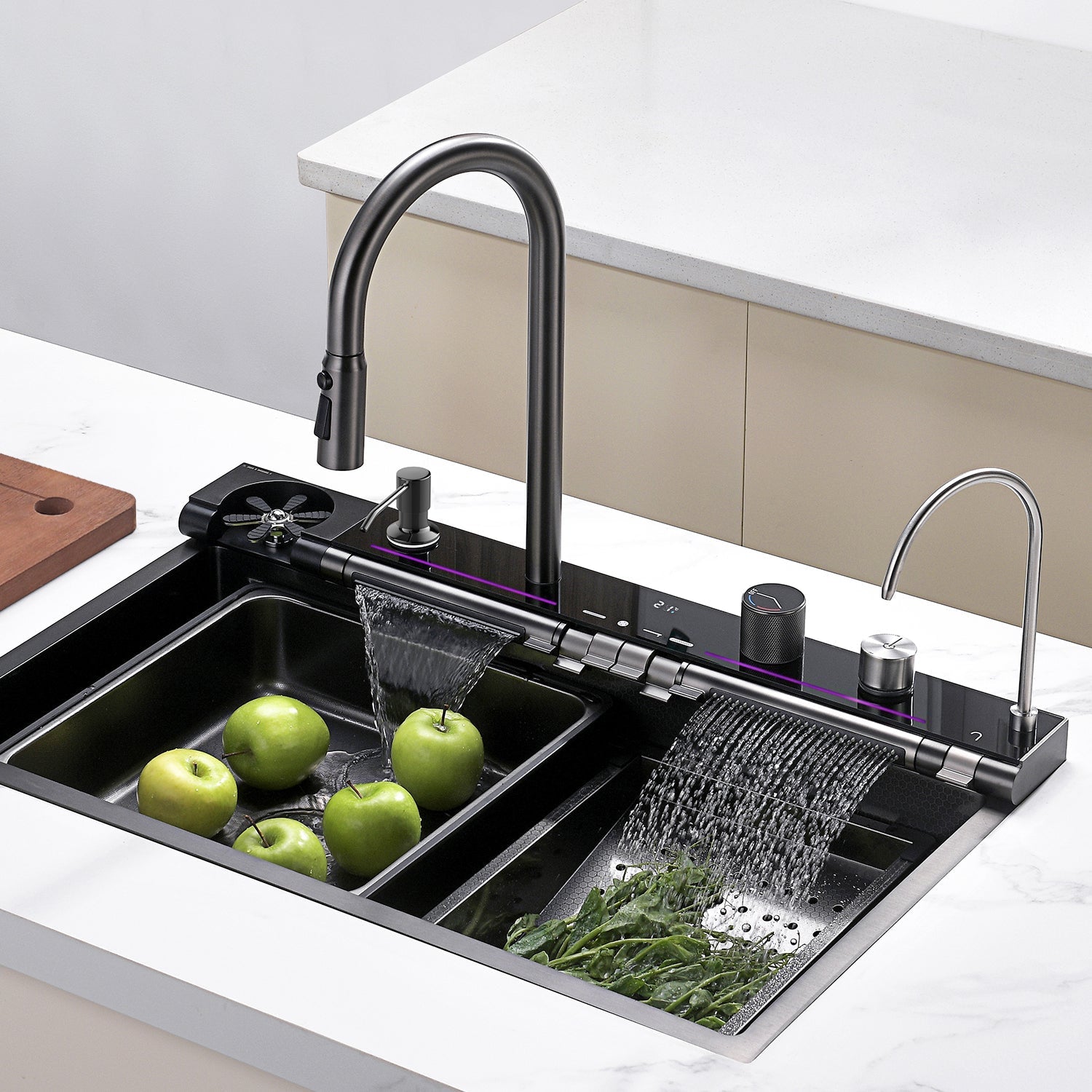 Lefton 33x22 Inch Waterfall Faucet Kitchen Sink with Digital Temperature Display & LED Lighting - KS2207L