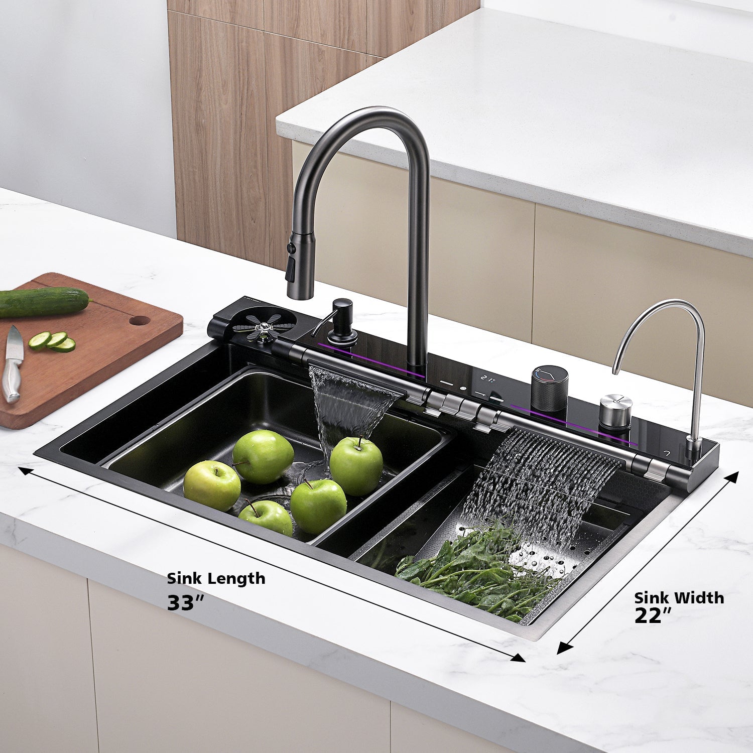 Lefton 33x22 Inch Waterfall Faucet Kitchen Sink with Digital Temperature Display & LED Lighting - KS2207L - Kitchen Sinks - Lefton Home