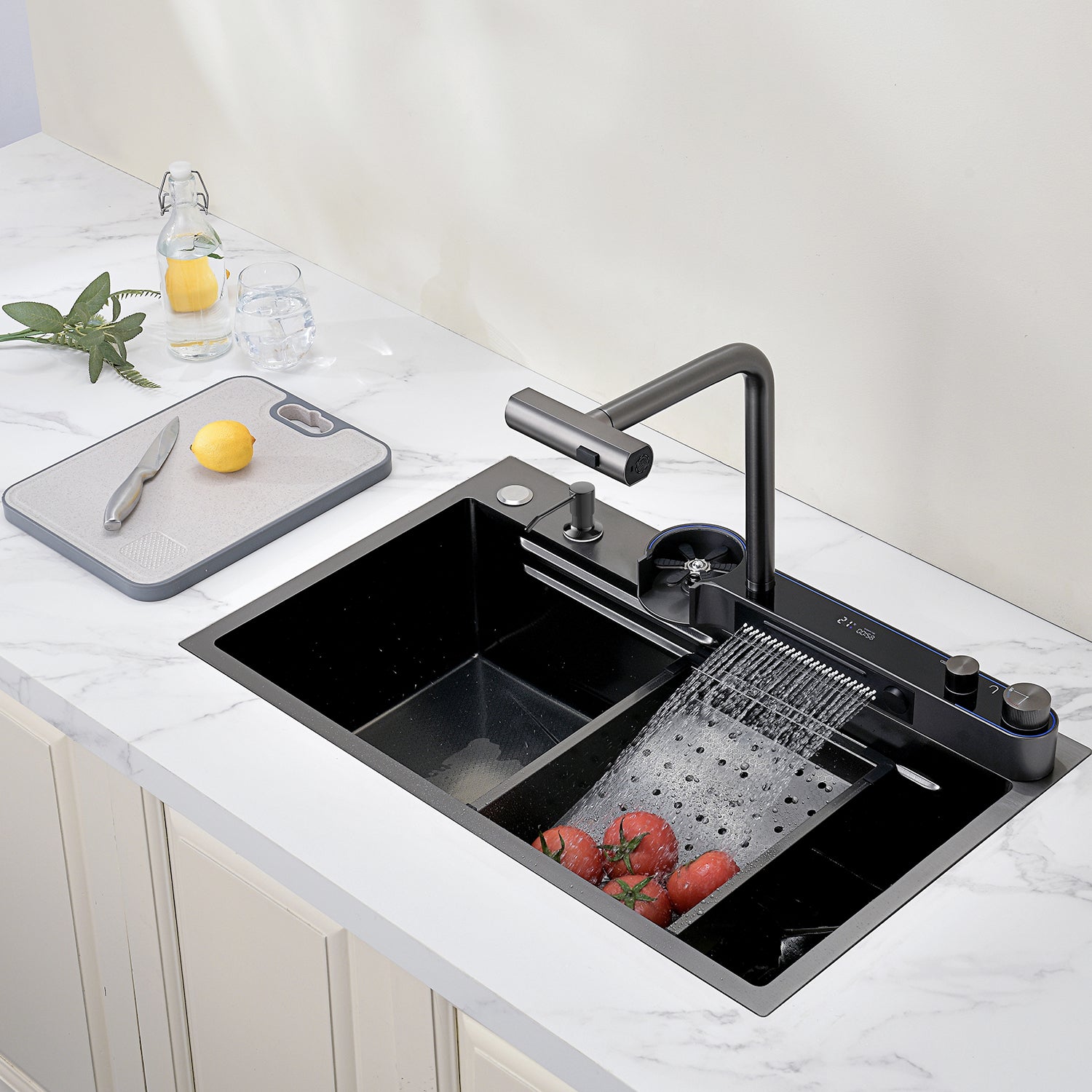 Lefton Two Outlets Waterfall Faucet Kitchen Sink with Digital Temperature Display & LED Lighting - KS2208 - Kitchen Sinks - Lefton Home