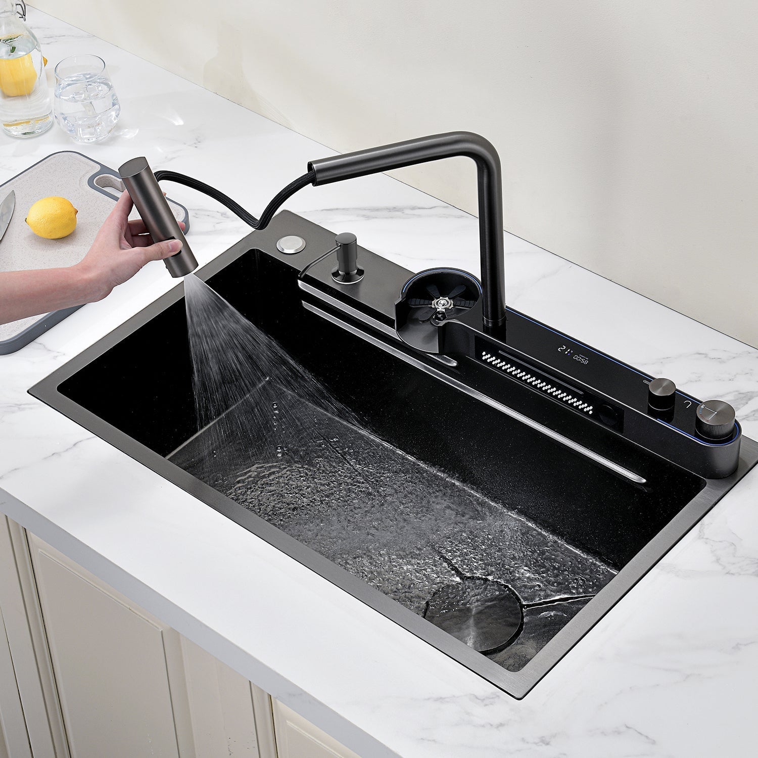 Lefton Two Outlets Waterfall Faucet Kitchen Sink with Digital Temperature Display & LED Lighting - KS2208 - Kitchen Sinks - Lefton Home