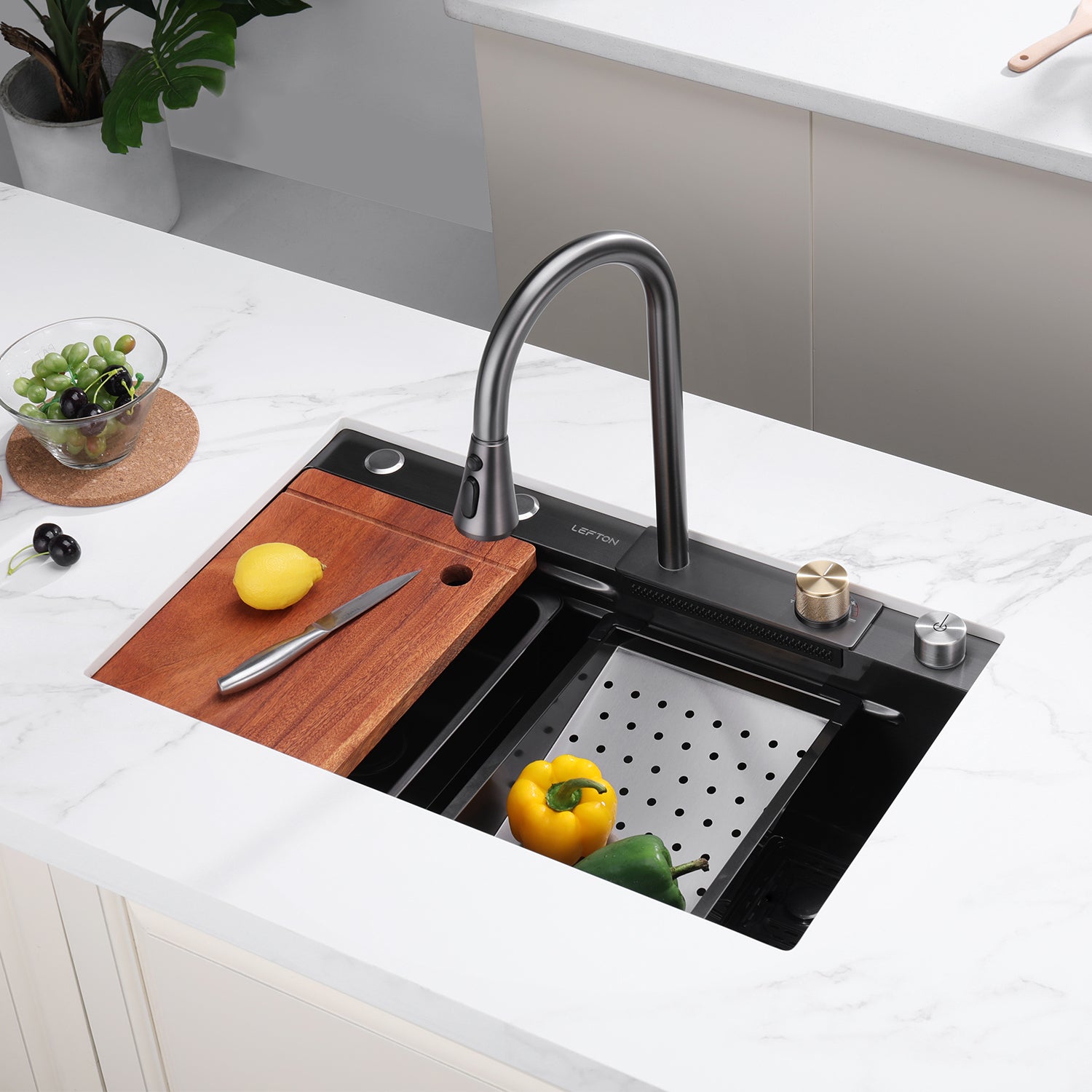 Waterfall Kitchen Sink Basin Large Single Slot Digital Display 304  Stainless Steel Sink with Waterfall Faucet for Kitchen Home
