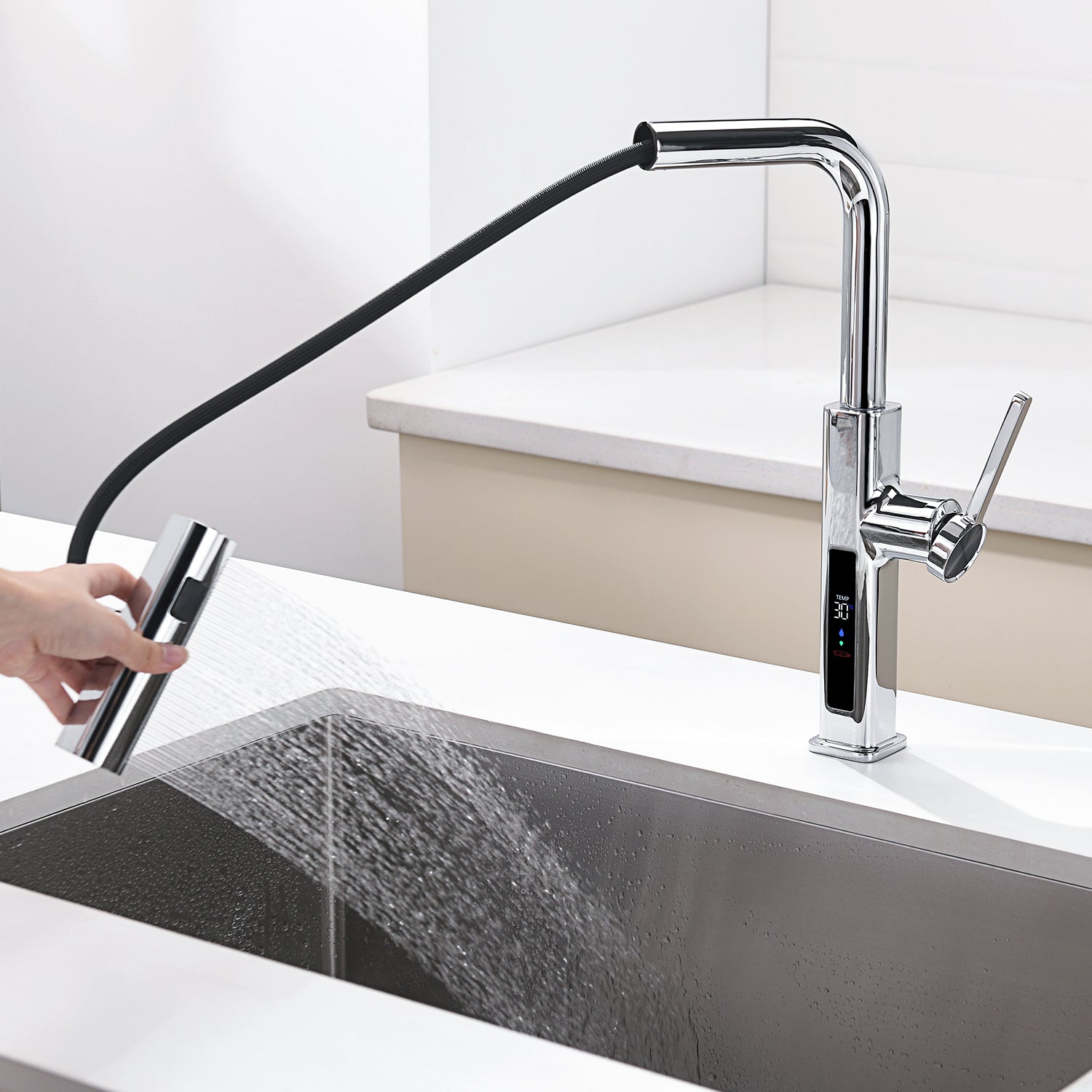 Lefton Waterfall & Pull - Out Kitchen Faucet with Temperature Display - KF2209 - Kitchen Faucets - Lefton Home