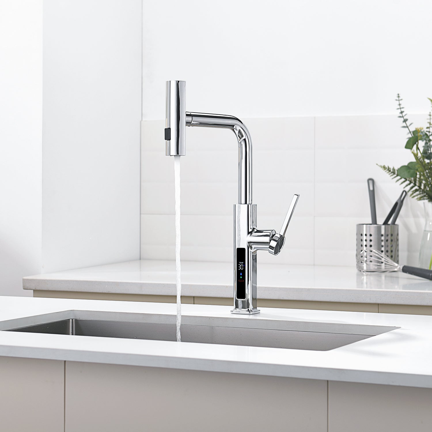 Lefton Waterfall & Pull - Out Kitchen Faucet with Temperature Display - KF2209 - Kitchen Faucets - Lefton Home