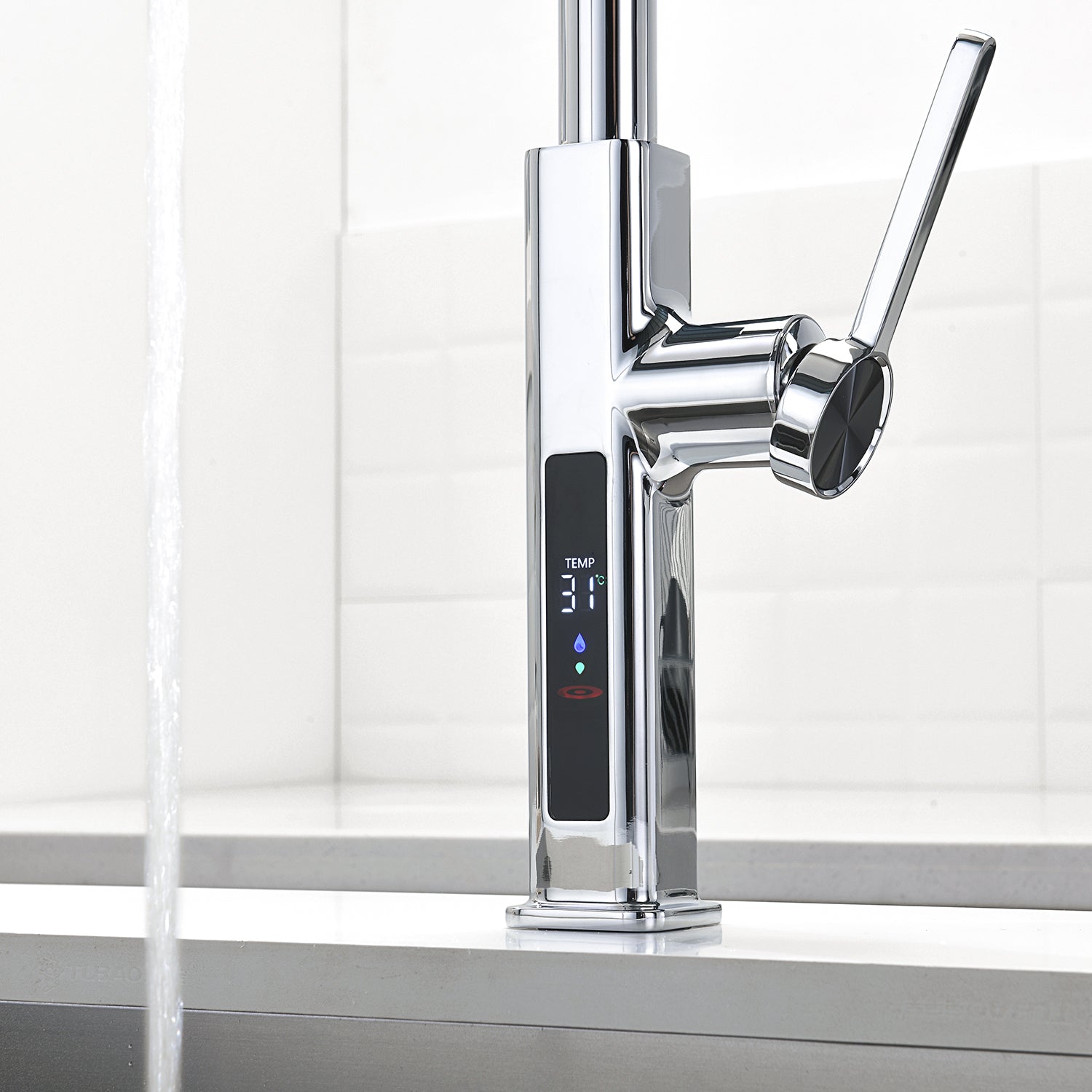 Lefton Waterfall & Pull - Out Kitchen Faucet with Temperature Display - KF2209 - Kitchen Faucets - Lefton Home