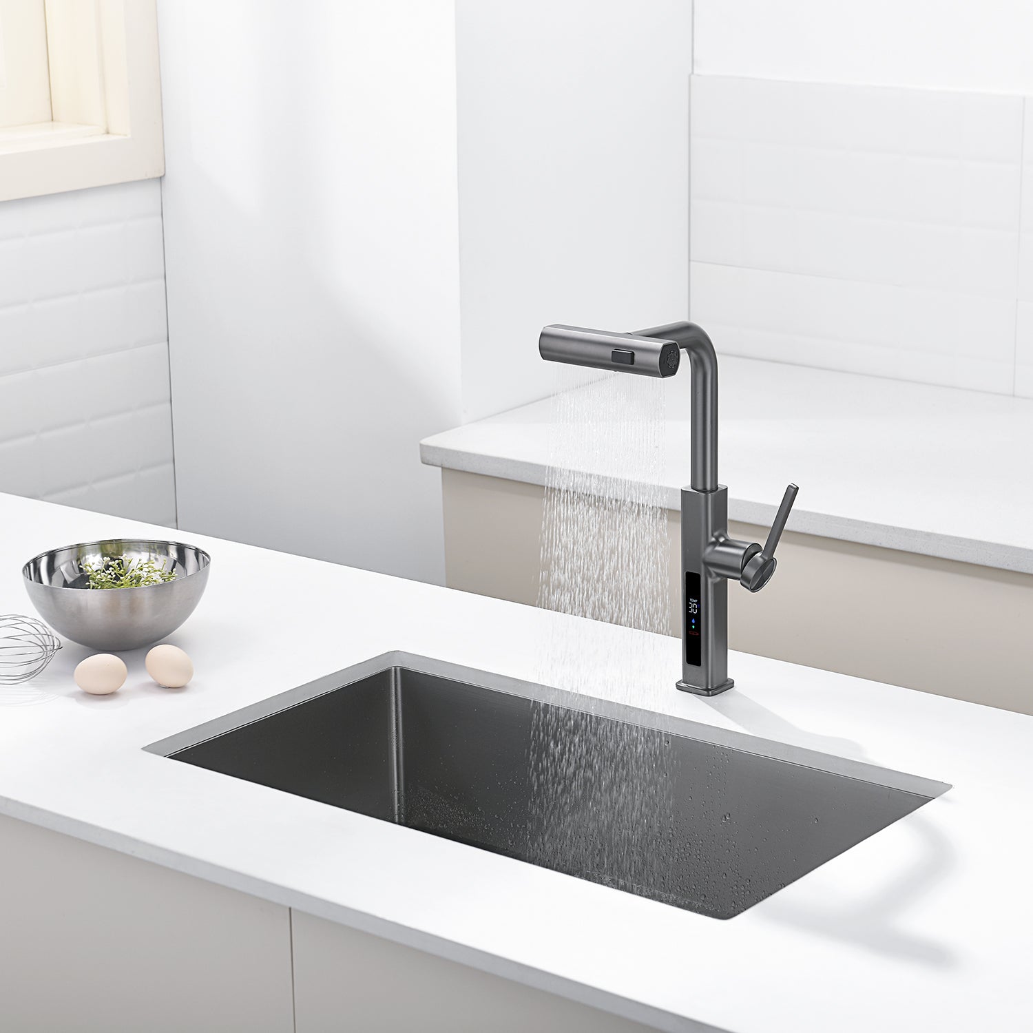 Lefton Waterfall & Pull - Out Kitchen Faucet with Temperature Display - KF2209 - Kitchen Faucets - Lefton Home