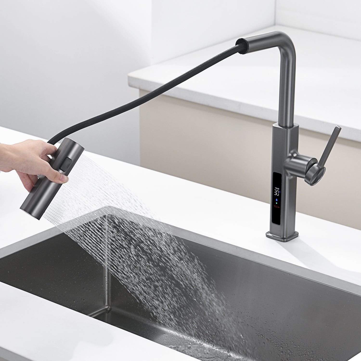 Lefton Waterfall & Pull - Out Kitchen Faucet with Temperature Display - KF2209 - Kitchen Faucets - Lefton Home