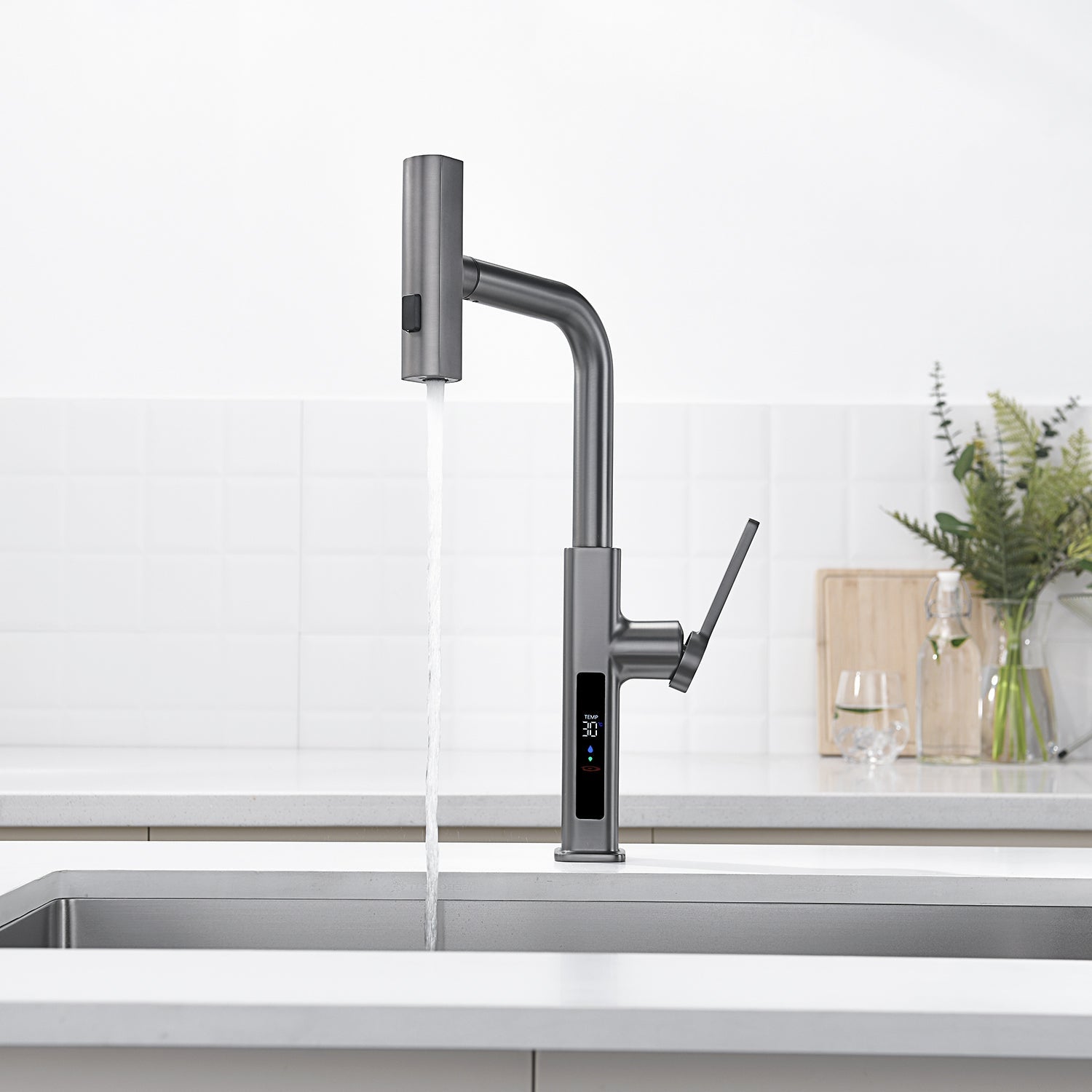 Lefton Waterfall & Pull - Out Kitchen Faucet with Temperature Display - KF2209 - Kitchen Faucets - Lefton Home