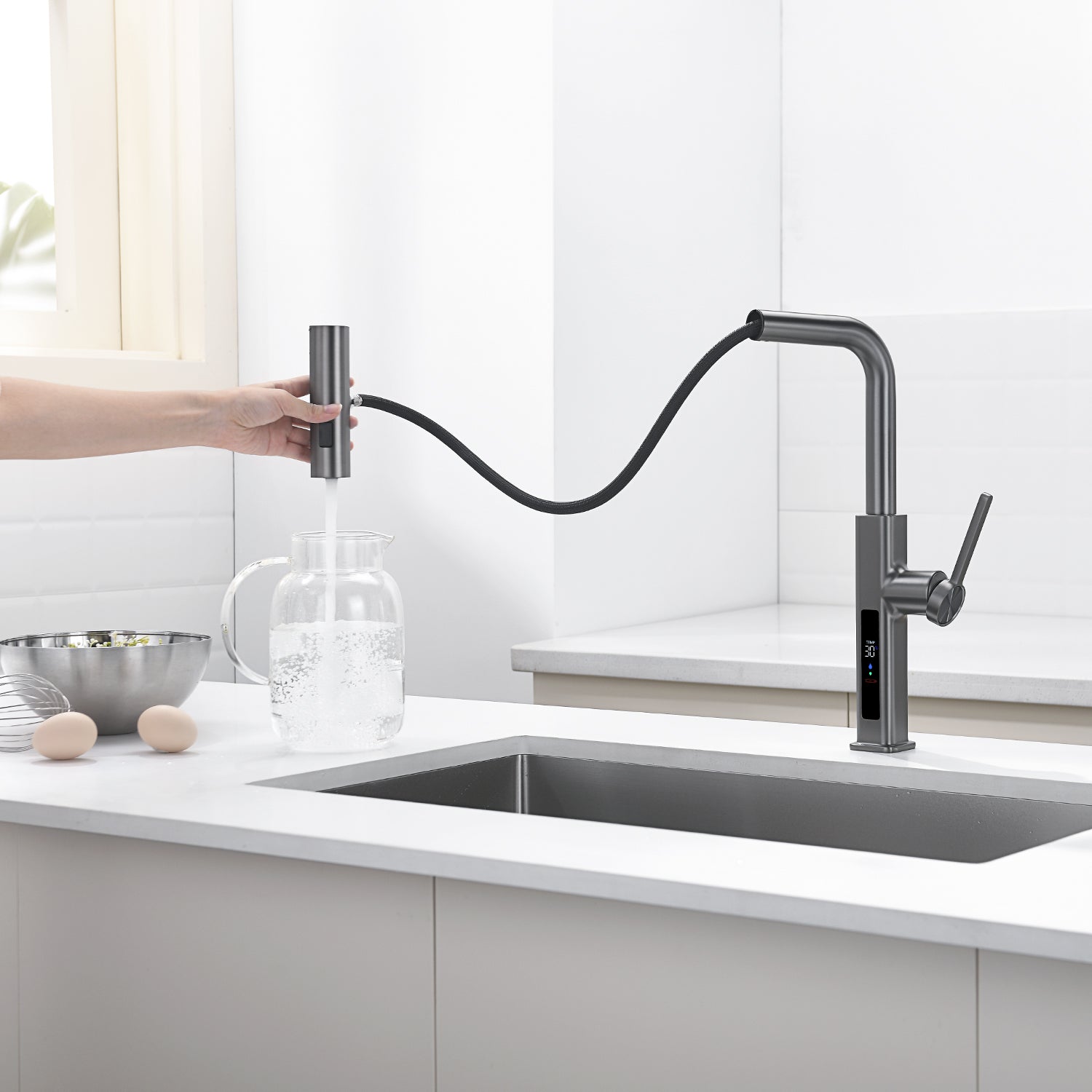 Lefton Waterfall & Pull - Out Kitchen Faucet with Temperature Display - KF2209 - Kitchen Faucets - Lefton Home