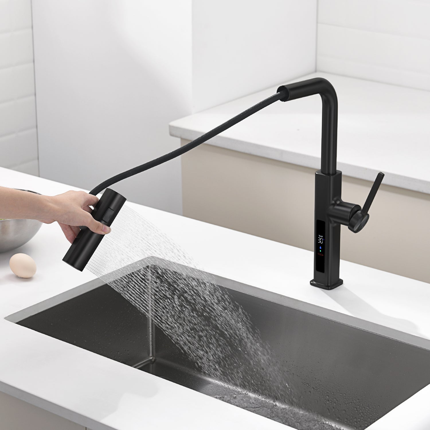 Lefton Waterfall & Pull - Out Kitchen Faucet with Temperature Display - KF2209 - Kitchen Faucets - Lefton Home