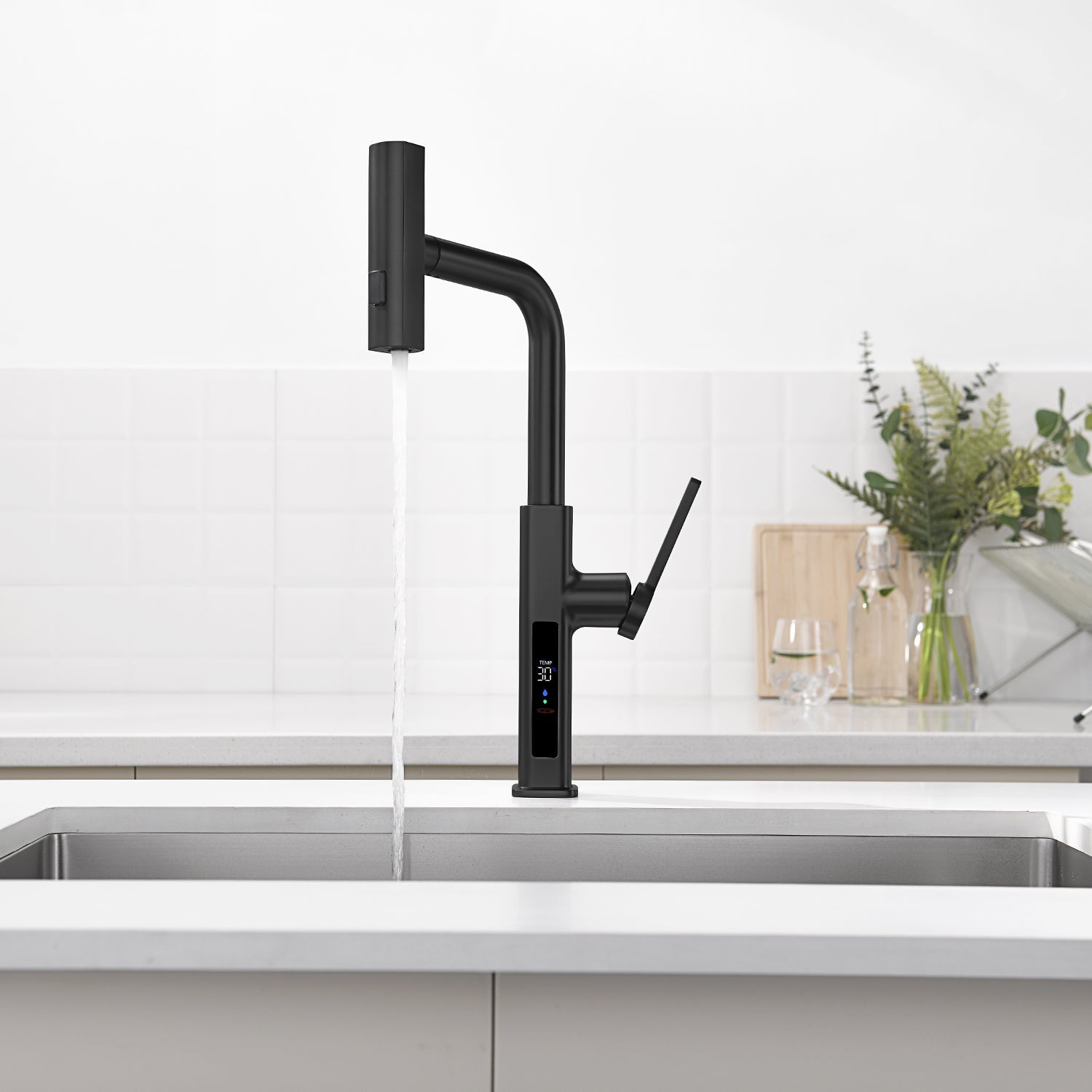 Lefton Waterfall & Pull - Out Kitchen Faucet with Temperature Display - KF2209 - Kitchen Faucets - Lefton Home