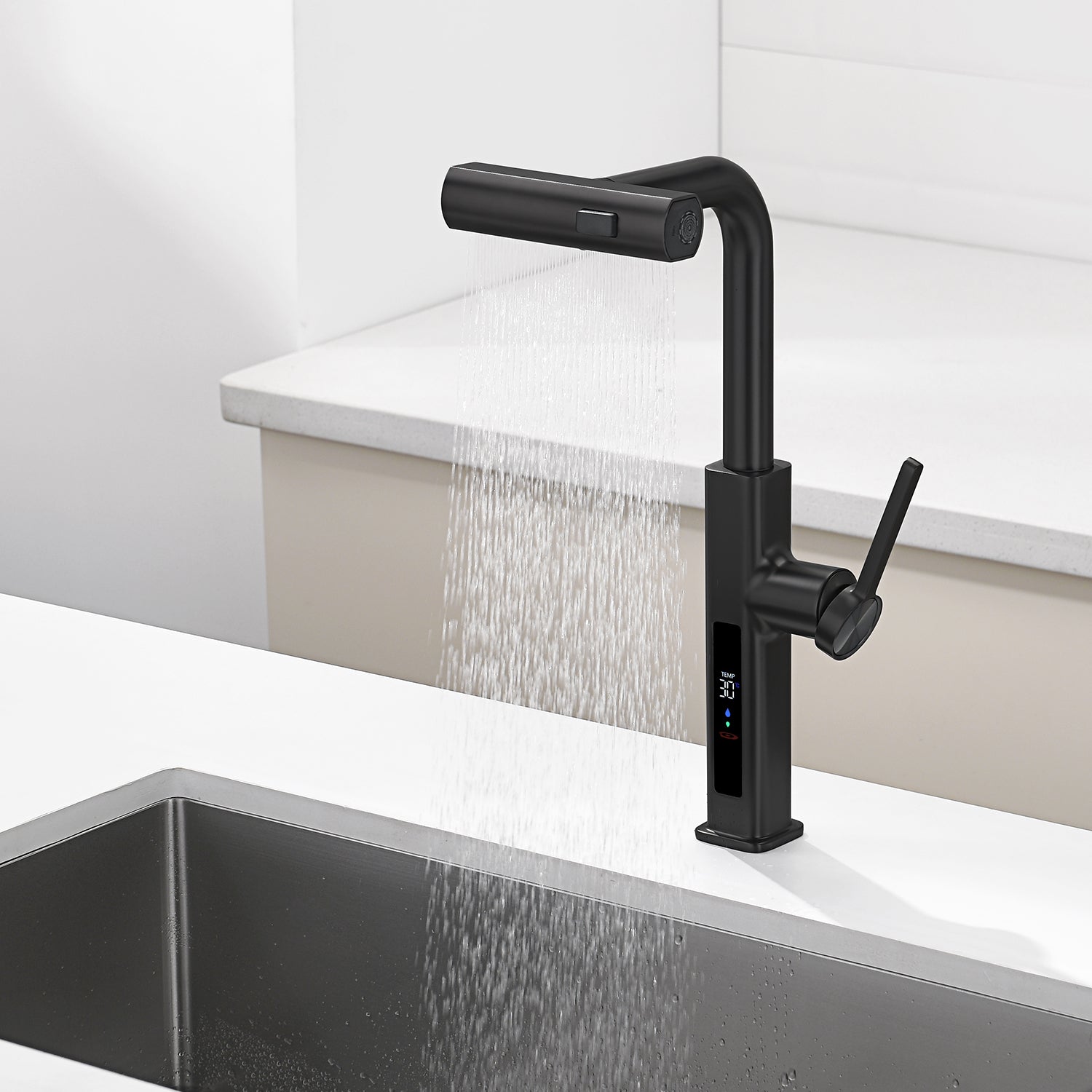 Lefton Waterfall & Pull - Out Kitchen Faucet with Temperature Display - KF2209 - Kitchen Faucets - Lefton Home